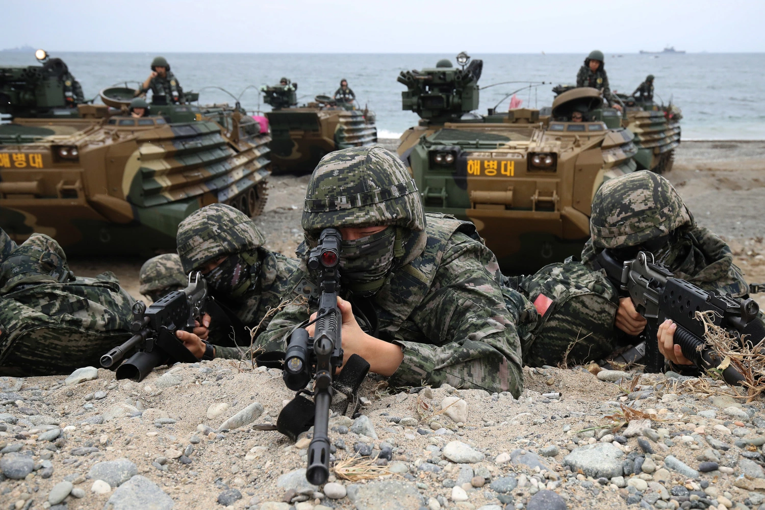 South Korean marines participate in the Ssangyong (double dragon) exercise at Pohang seashore on September 02, 2024 in Pohang, South Korea.