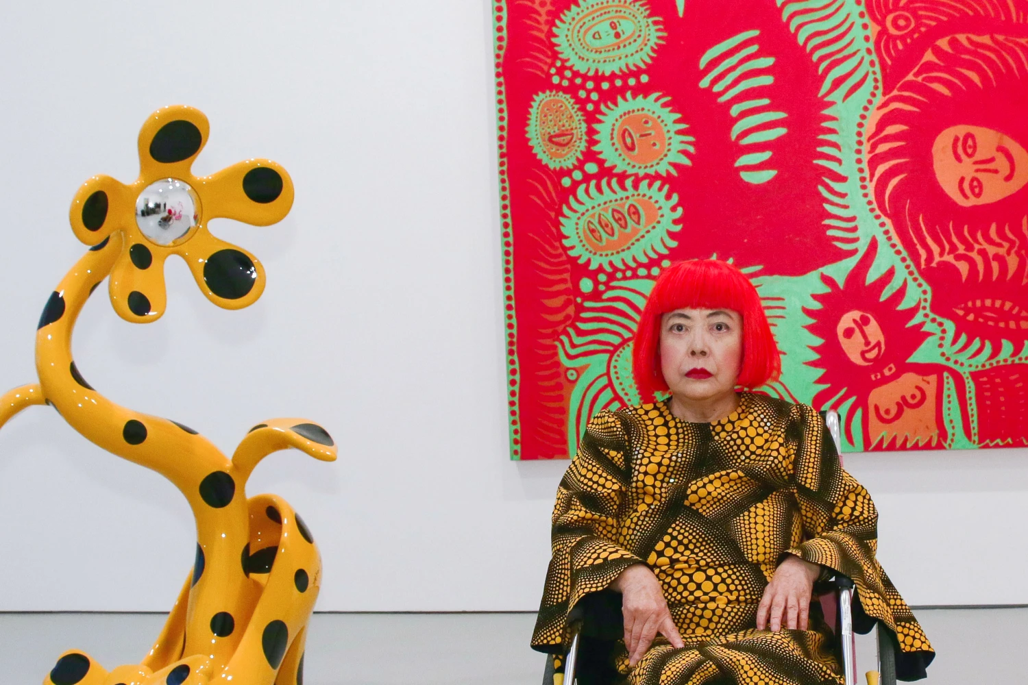 Yayoi Kusama attends the Yayoi Kusama "I Who Have Arrived In Heaven" Exhibition Press Preview at David Zwirner Art Gallery on November 7, 2013 in New York.