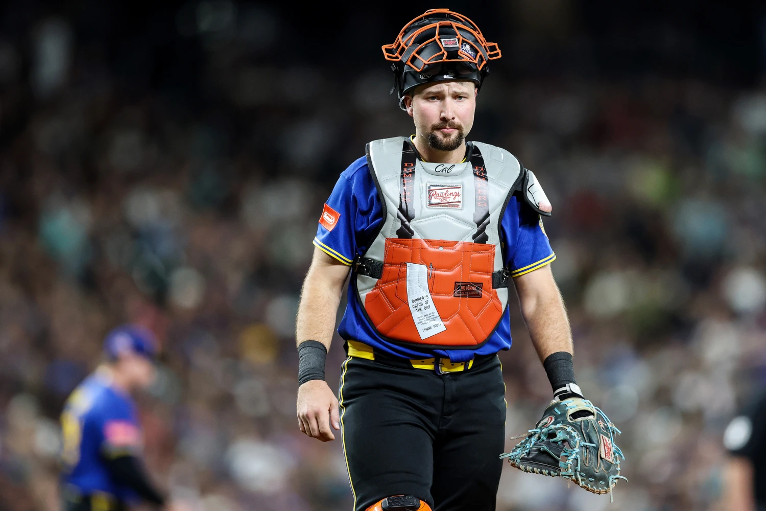 Cal Raleigh #29 of the Seattle Mariners looks on against the Chicago Cubs at T-Mobile Park on August 21, 2026 in Seattle, Wash.