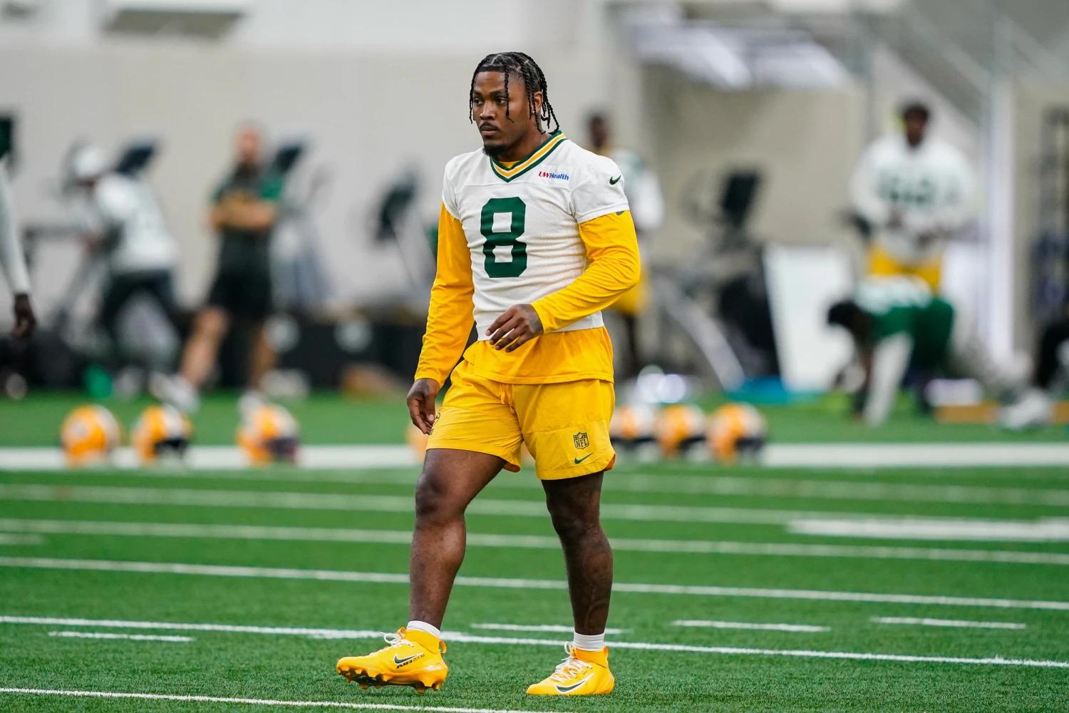 Green Bay Packers running back Josh Jacobs works out during NFL football practice, Tuesday, June 9, 2026, in Green Bay, Wis.