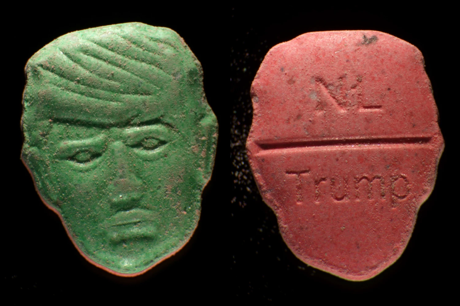 Ecstasy pills with a depiction of President Donald Trump on one side and on the other side NL and Trump stamped into the surface.