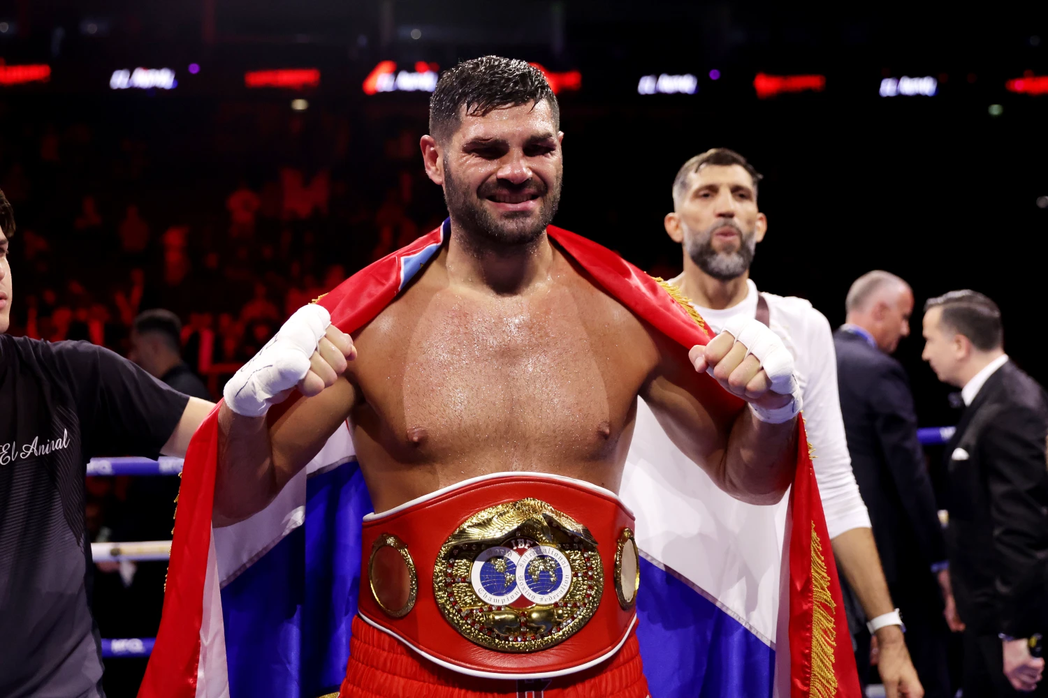 Filip Hrgovic celebrates after winning the IBF World Heavyweight title bout against Moses Itauma at The O2 Arena, London on Aug. 29.