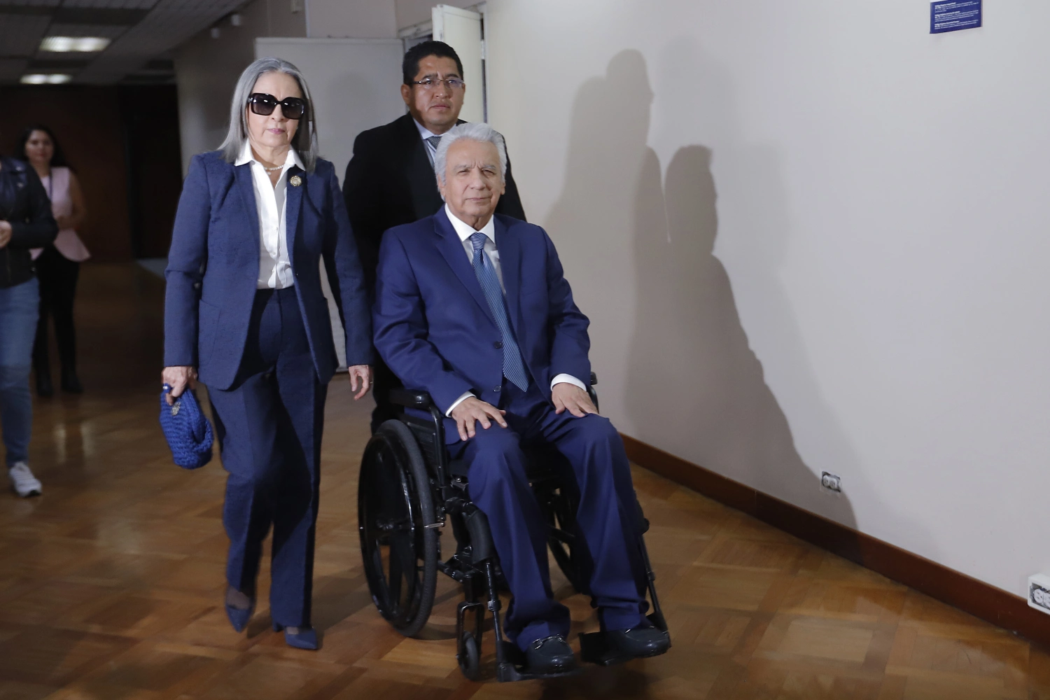 Former President of Ecuador Lenín Moreno and his wife Rocío Gonzalez arrive at the National Court for a hearing on Aug. 28 in Quito, Ecuador.