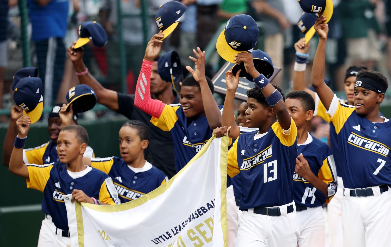 The Curaçao Region from Willemstad celebrates winning the 2026 Little League Baseball World Series Championship against the Mountain Region from Henderson, Nev., at Lamade Stadium on Aug. 30, 2026, in Williamsport, Pa.