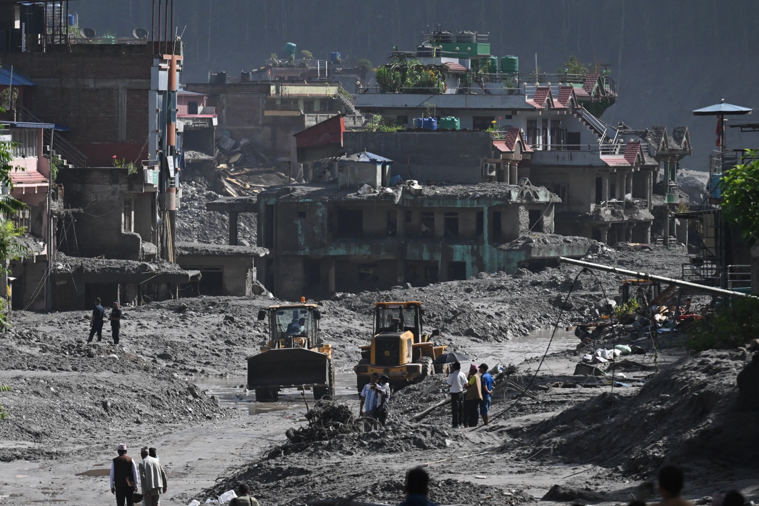 Rescue works continue at Trishuli Center in Nepal's Nuwakot district on Aug. 30 after catastrophic flooding on the Nepal-Tibet border.
