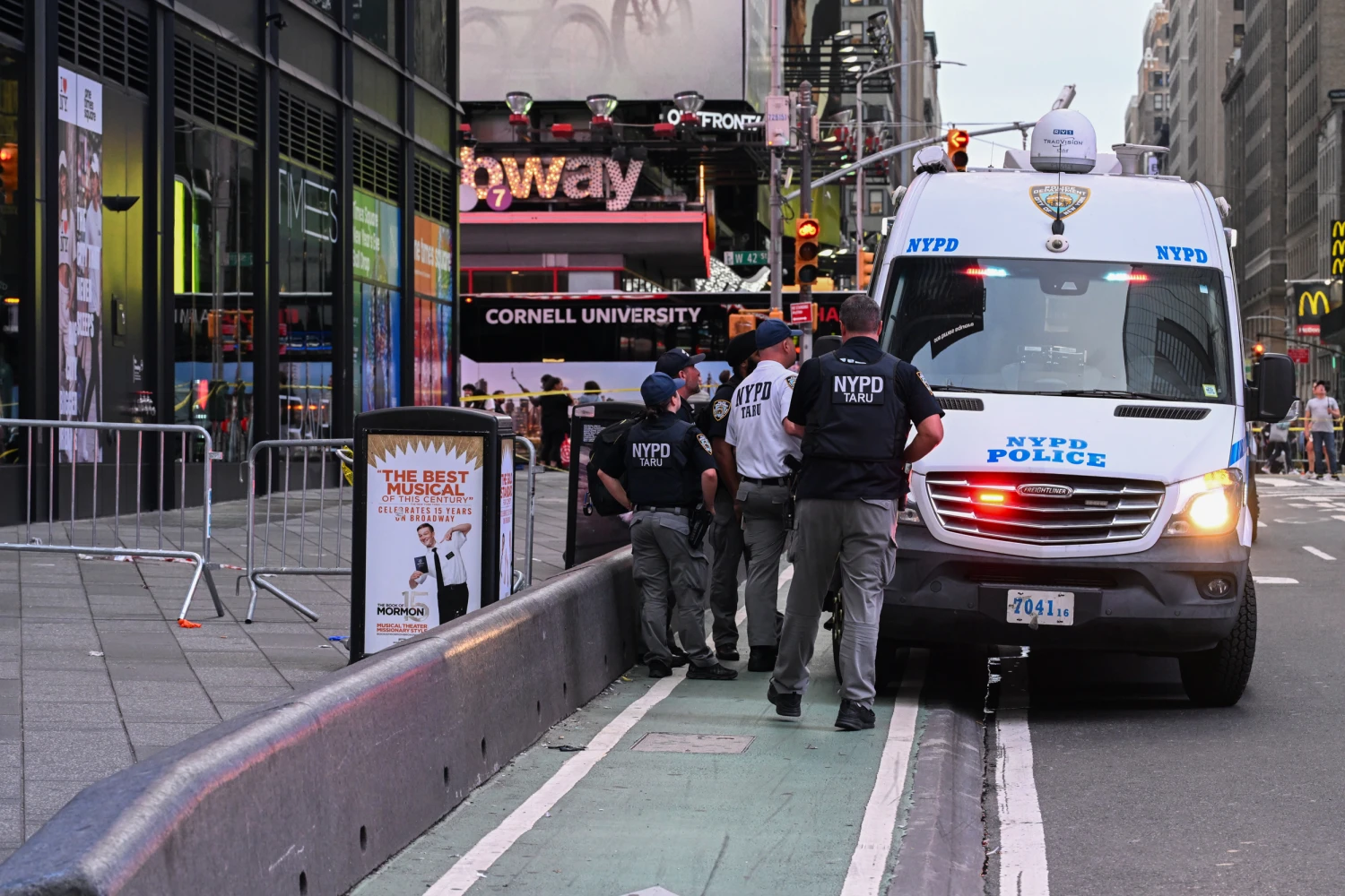 NYPD officers reportedly shoot a knife-wielding woman who is accused of stabbing two people in Times Square near the area of West 42nd Street and 7th Avenue in Times Square, Manhattan, New York, United States on Monday, August 31, 2026.