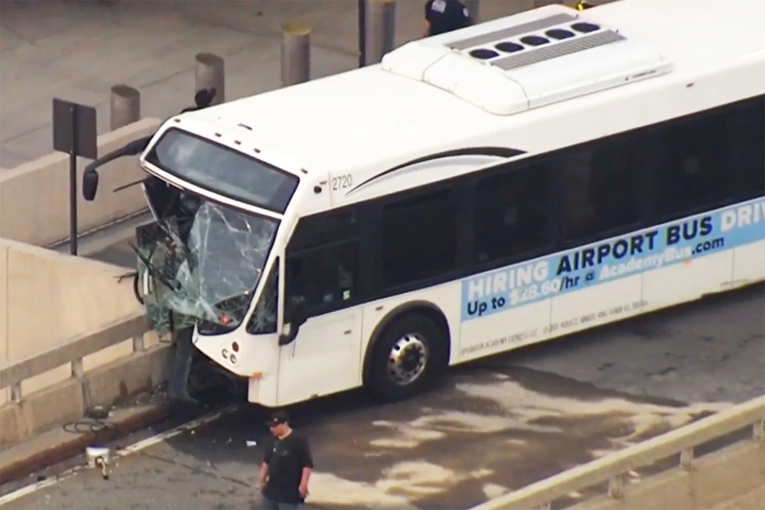 A shuttle bus that crashed into a concrete barrier at Newark Airport in New Jersey on Aug. 31, 2026.