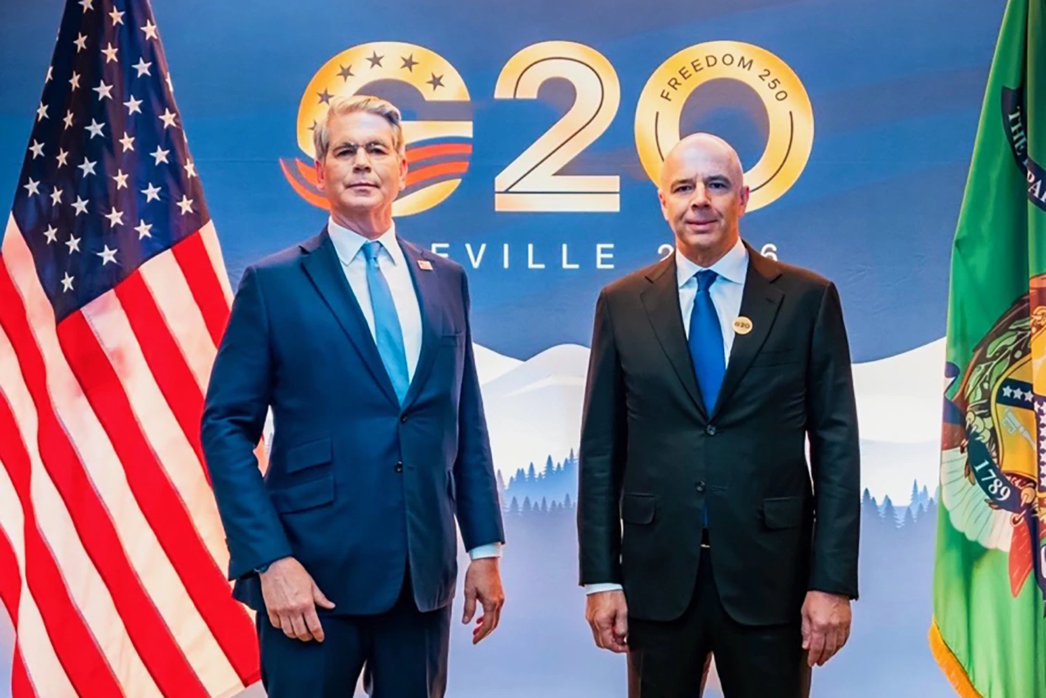 Treasury Secretary Scott Bessent and Russian Finance Minister Anton Siluanov at the G20 Finance Ministers and Central Bank Governors meeting in Asheville, N.C.
