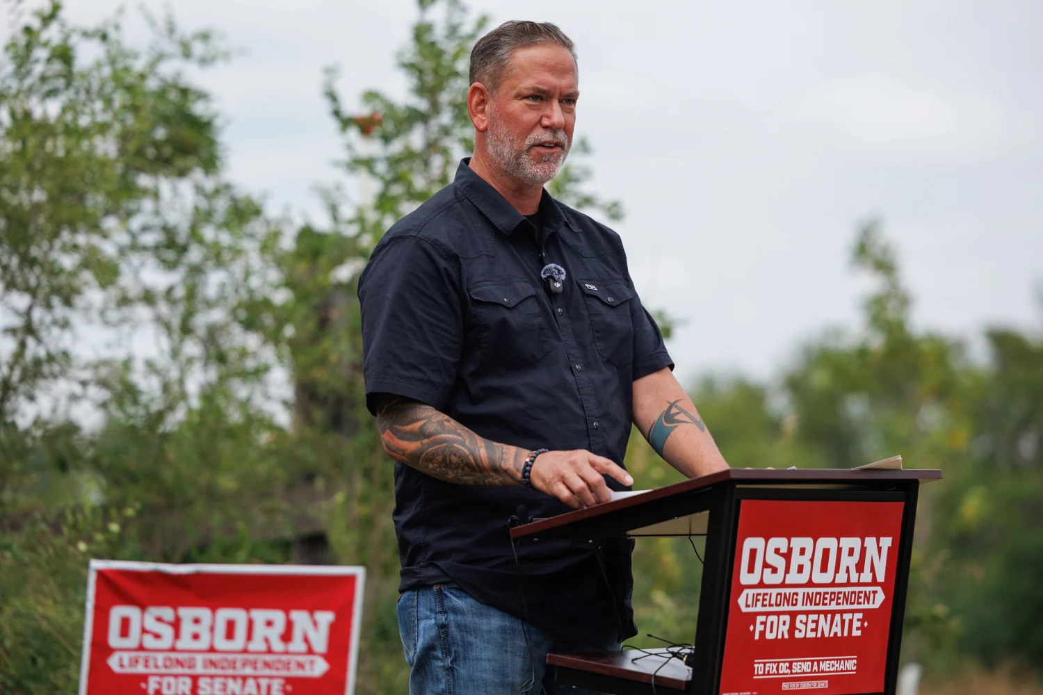 Dan Osborn, nonpartisan candidate for U.S. Senate, speaks during a press conference in Syracuse, Neb. on Thursday, July 23, 2026.