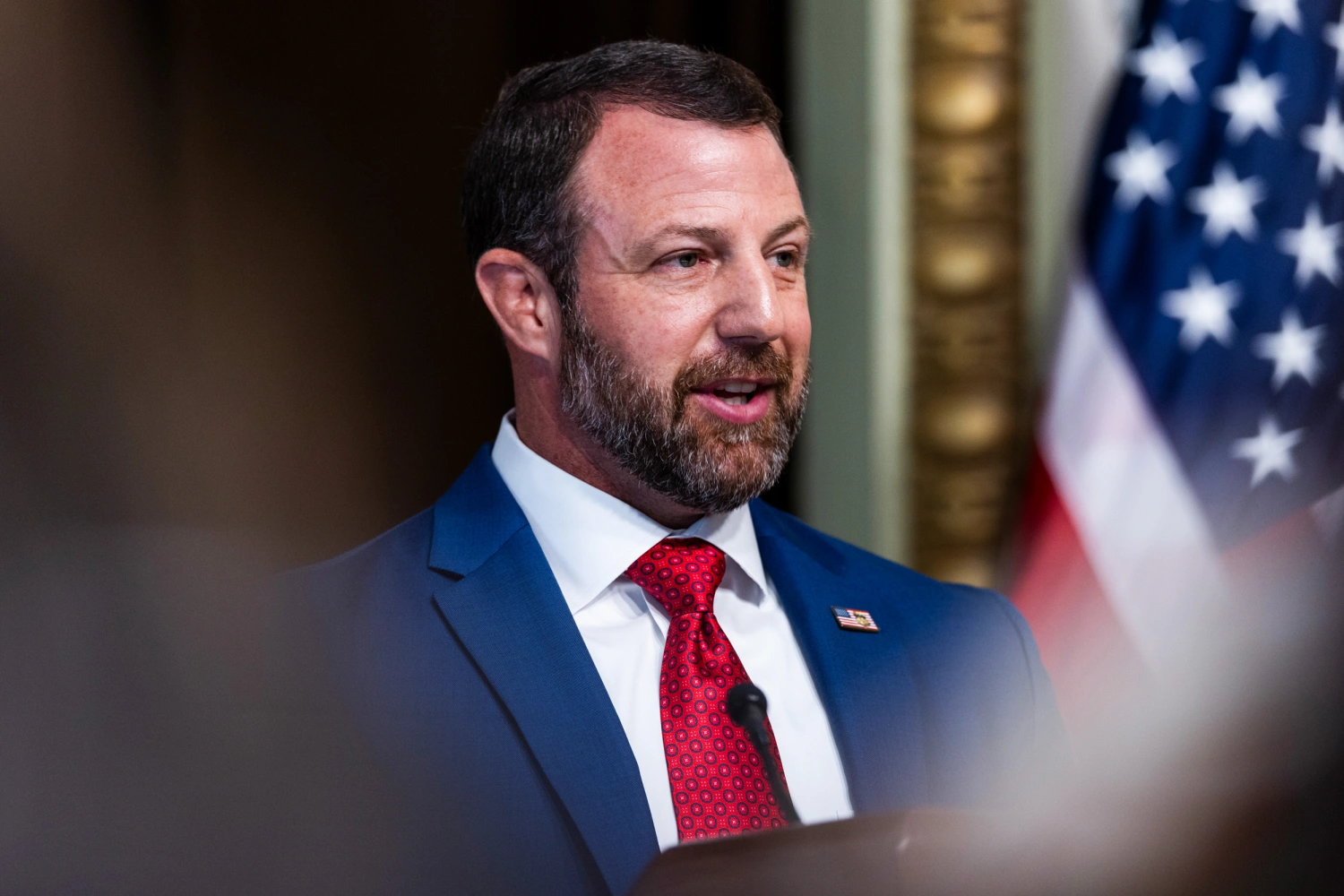 Markwayne Mullin, secretary of the US Department of Homeland Security (DHS), during a news conference in the Eisenhower Executive Office Building in Washington DC, US, on Friday, July 17, 2026.