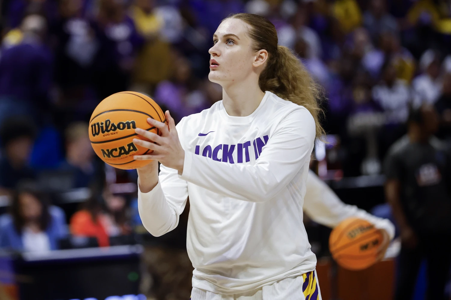 Kate Koval #13 of the LSU Tigers warms up prior to a game against the Texas Tech Lady Raiders in the second round of the 2026 NCAA Women's Basketball Tournament at Pete Maravich Assembly Center on March 22, 2026 in Baton Rouge, La.
