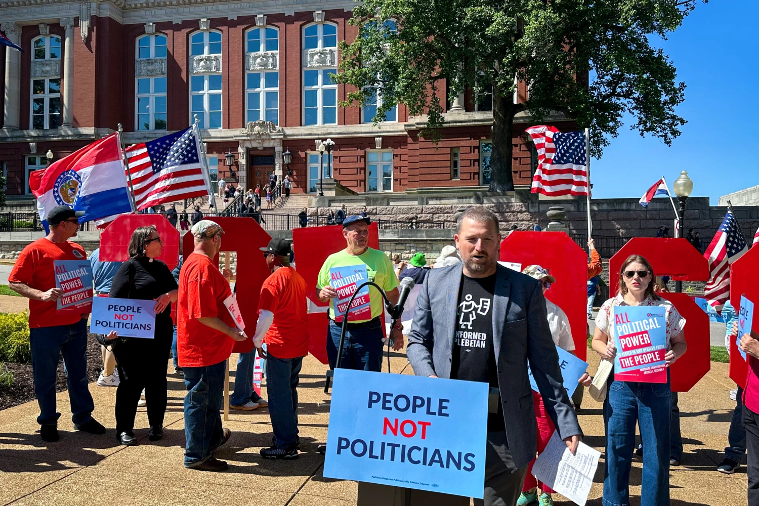 Richard Von Glahn, executive director of People Not Politicians, at a rally against a Missouri congressional redistricting plan in front of the state Supreme Court on May 12, 2026, in Jefferson City, Mo.