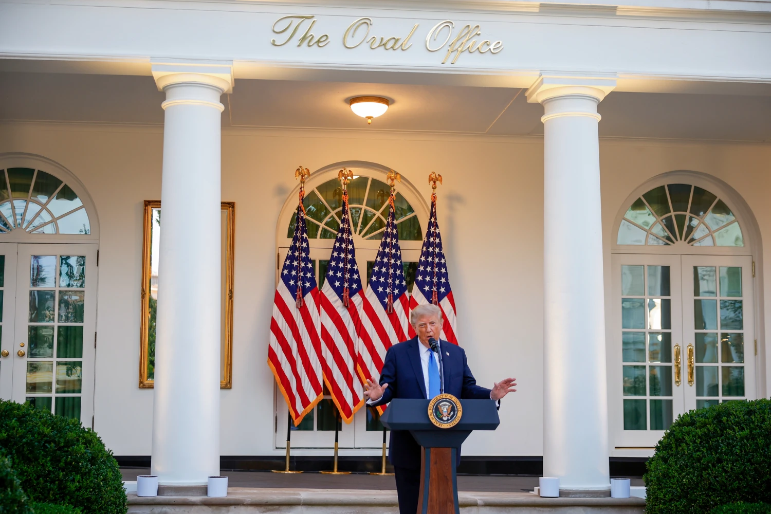 U.S. President Donald Trump speaks as he hosts a dinner in the Rose Garden at the White House on September 02, 2026 in Washington, D.C.