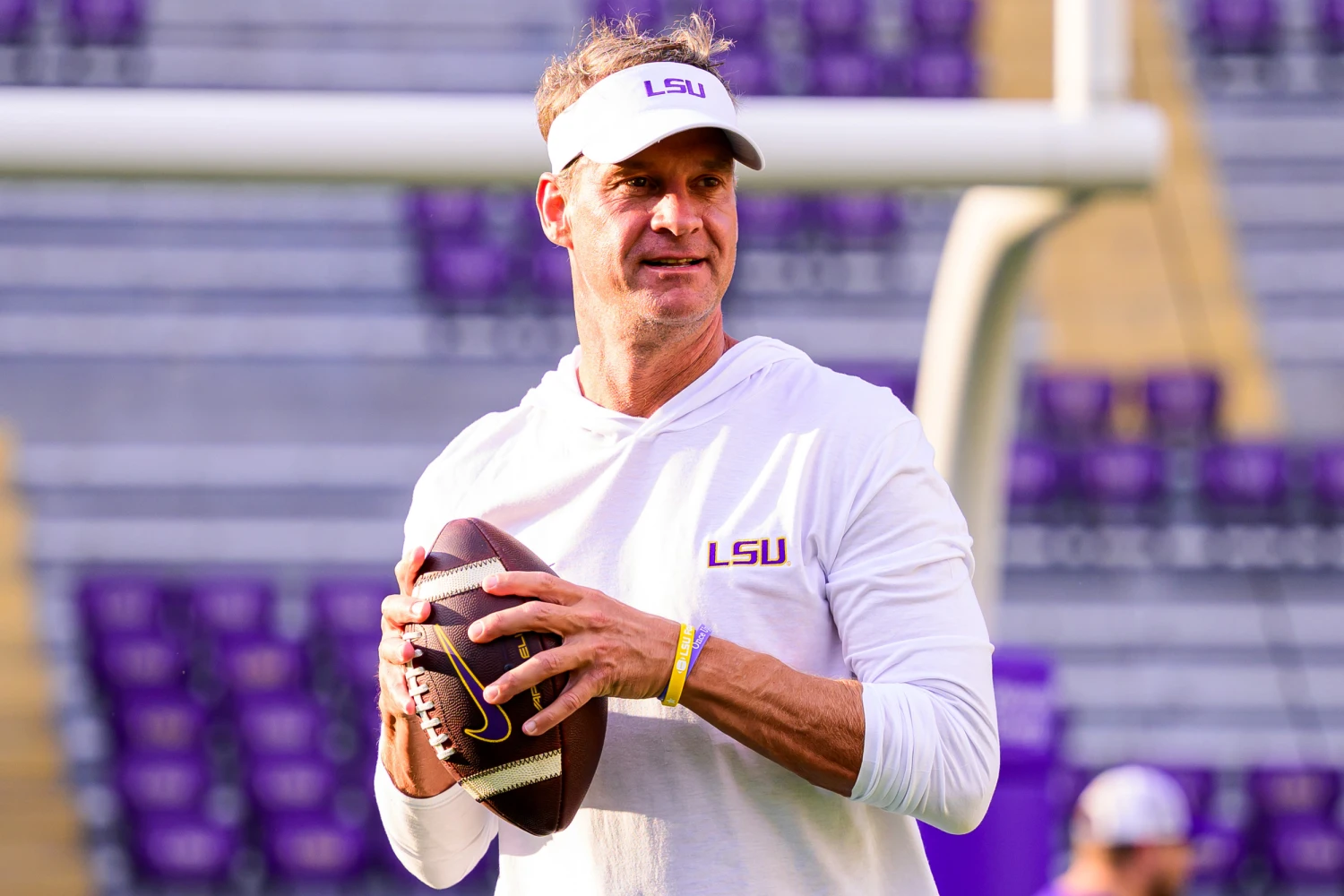 Head coach Lane Kiffin of the LSU Tigers in action during fall practice at Tiger Stadium on Aug. 29, 2026, in Baton Rouge.