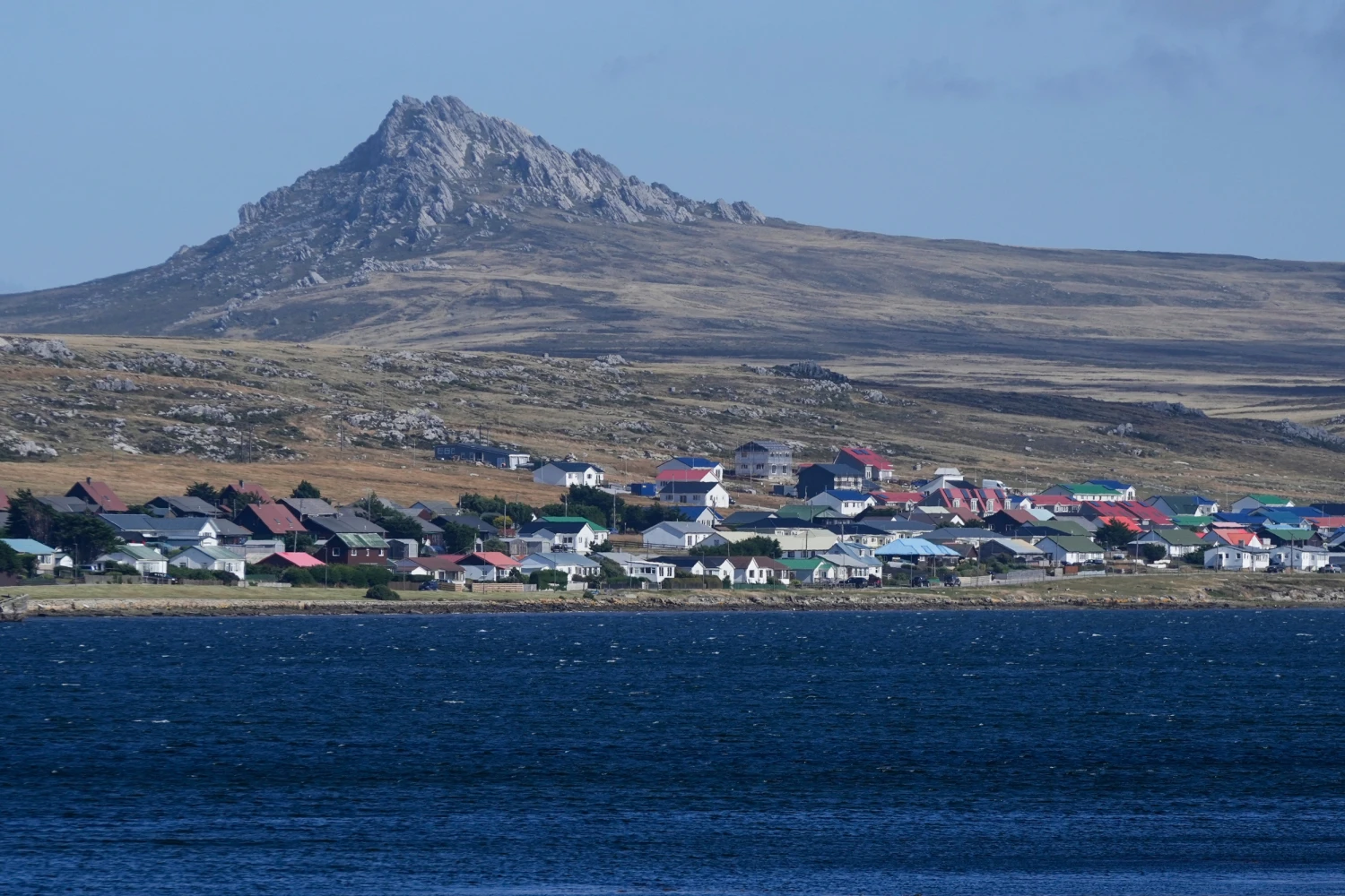Mount Tumbledown stands tall behind Stanley on the Falkland Islands, also known as Islas Malvinas, March 16, 2026.