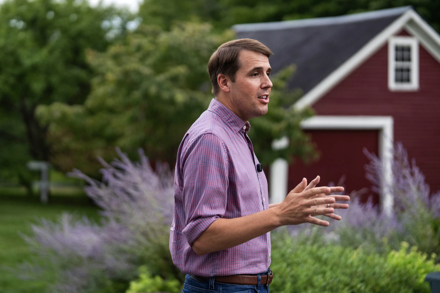 Rep. Chris Pappas, D-N.H., Democratic candidate for U.S. Senate, talks with voters in Warner, N.H., on Sunday, August 16, 2026.