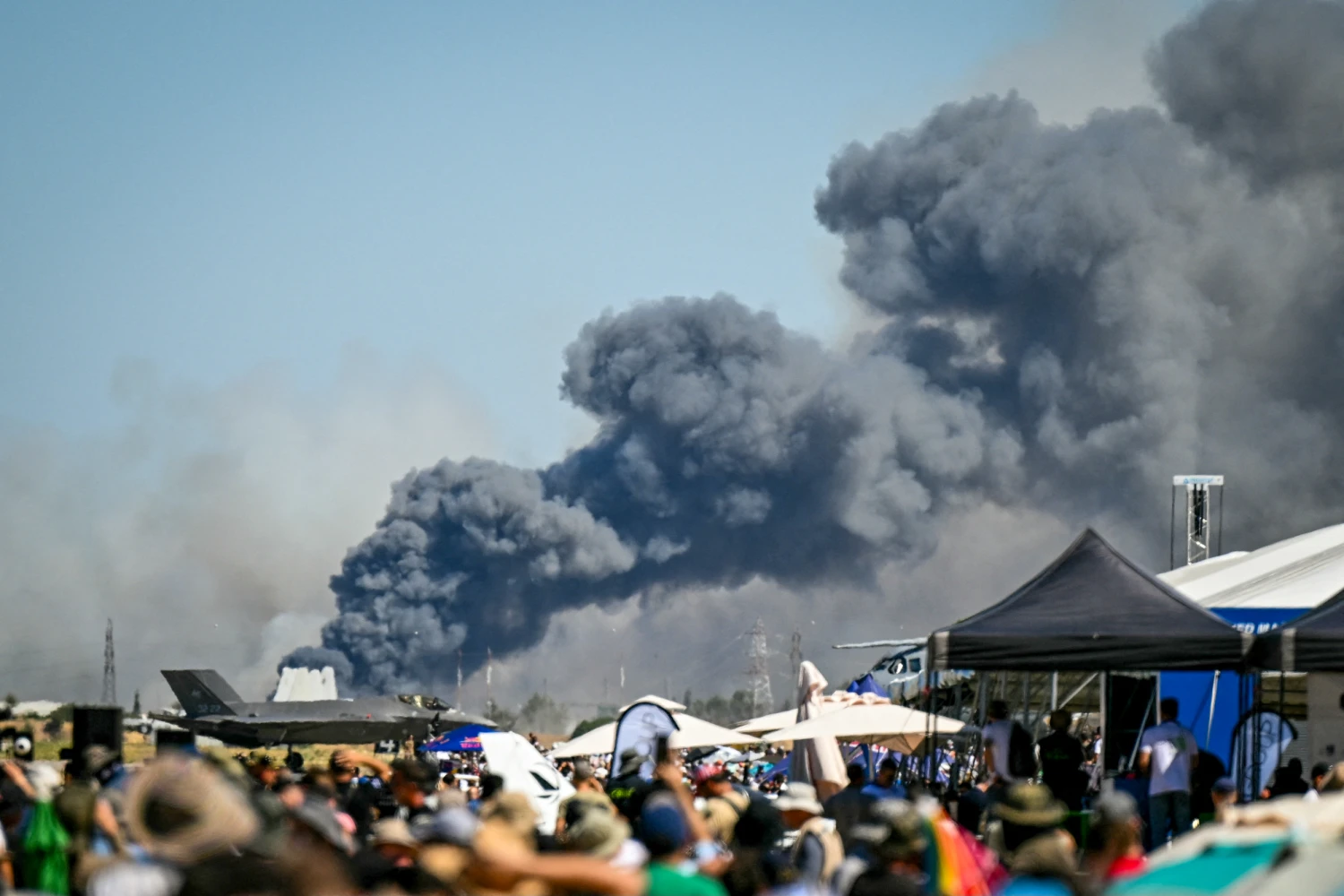 Smoke rises after a Phantom F-4 military jet crashed during the Athens Flying Week air show at the military airport of Tanagra, near Athens on Sept. 5, 2026.