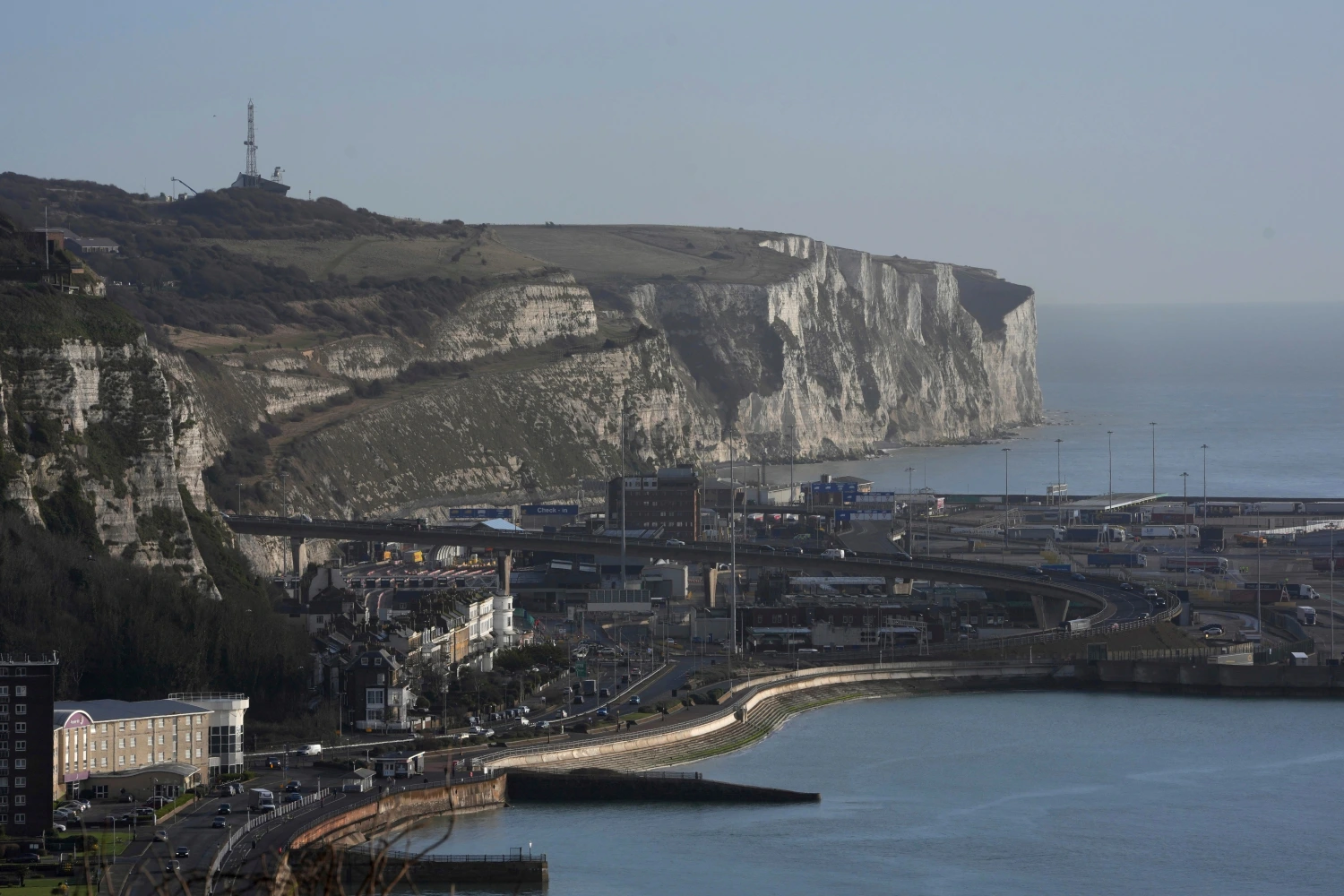 A general view of the port of Dover with the coastguard station, top left, in Dover, England.