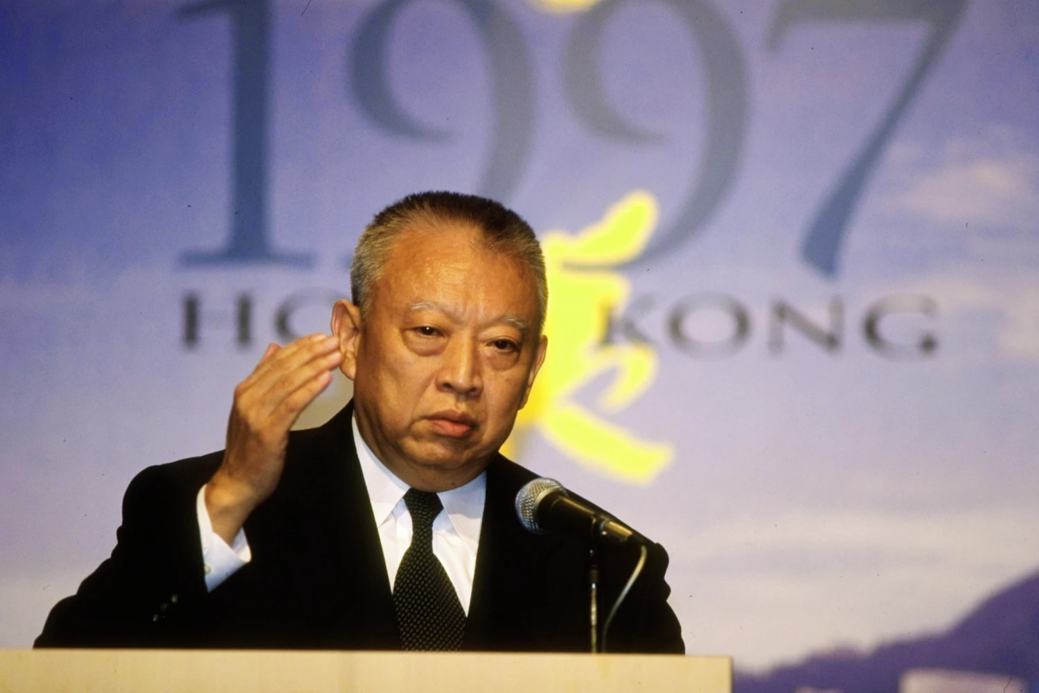 Hong Kong Chief Executive Tung Chee Hwa holds his first news conference after Hong Kong reverted from British colonial to mainland Chinese rule in 1997.