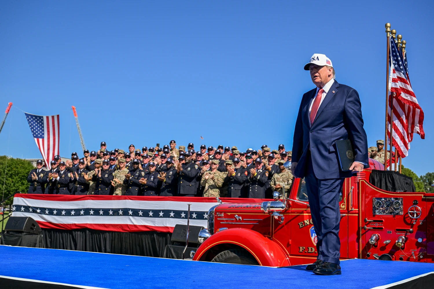 US President Donald Trump arrives for the Steel Across America tour on the Ellipse of the White House in Washington, DC, US, on Tuesday, Sept. 8, 2026.
