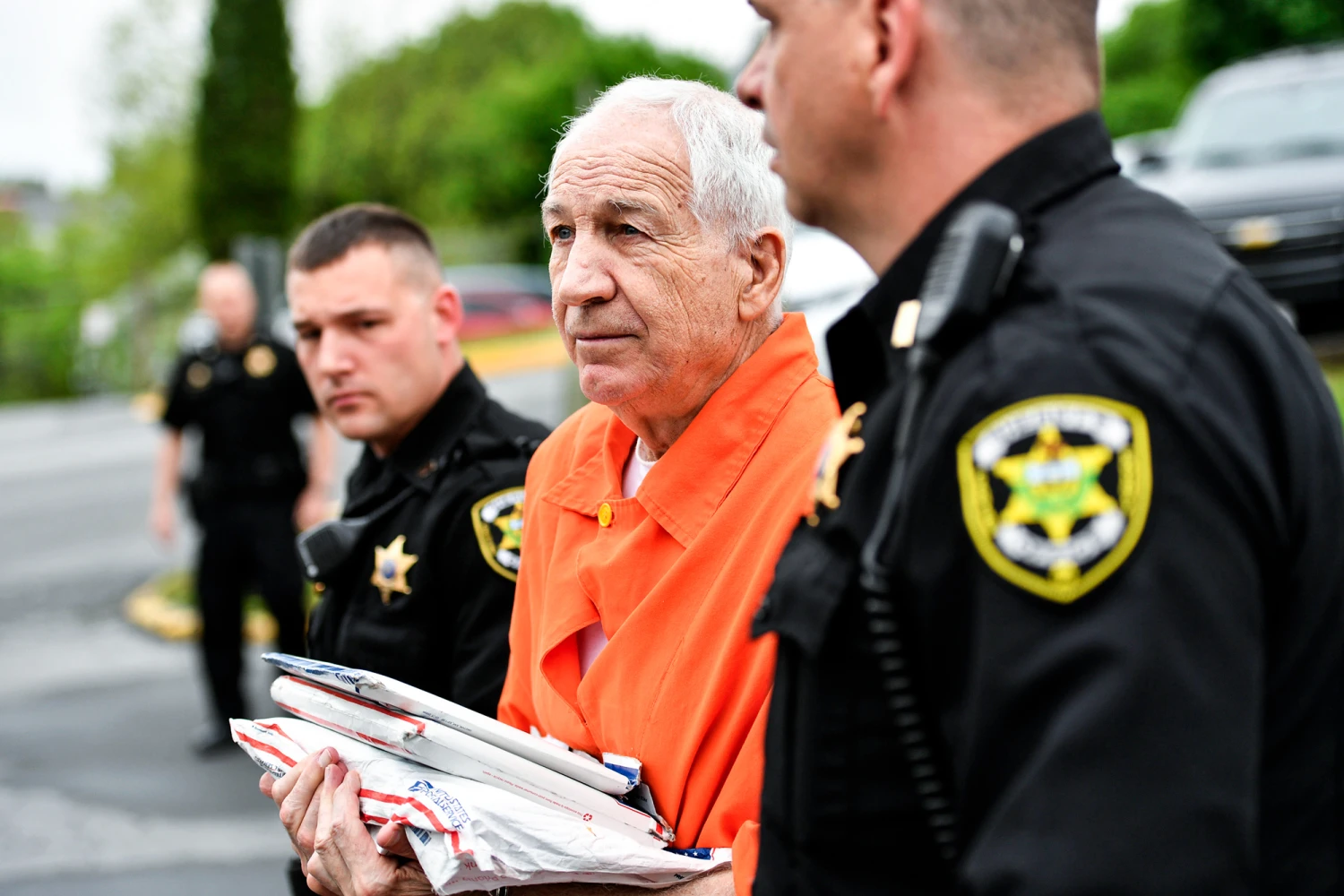 Jerry Sandusky enters the Centre County Courthouse for a hearing on May 2, 2016, in Bellefonte, Pa.