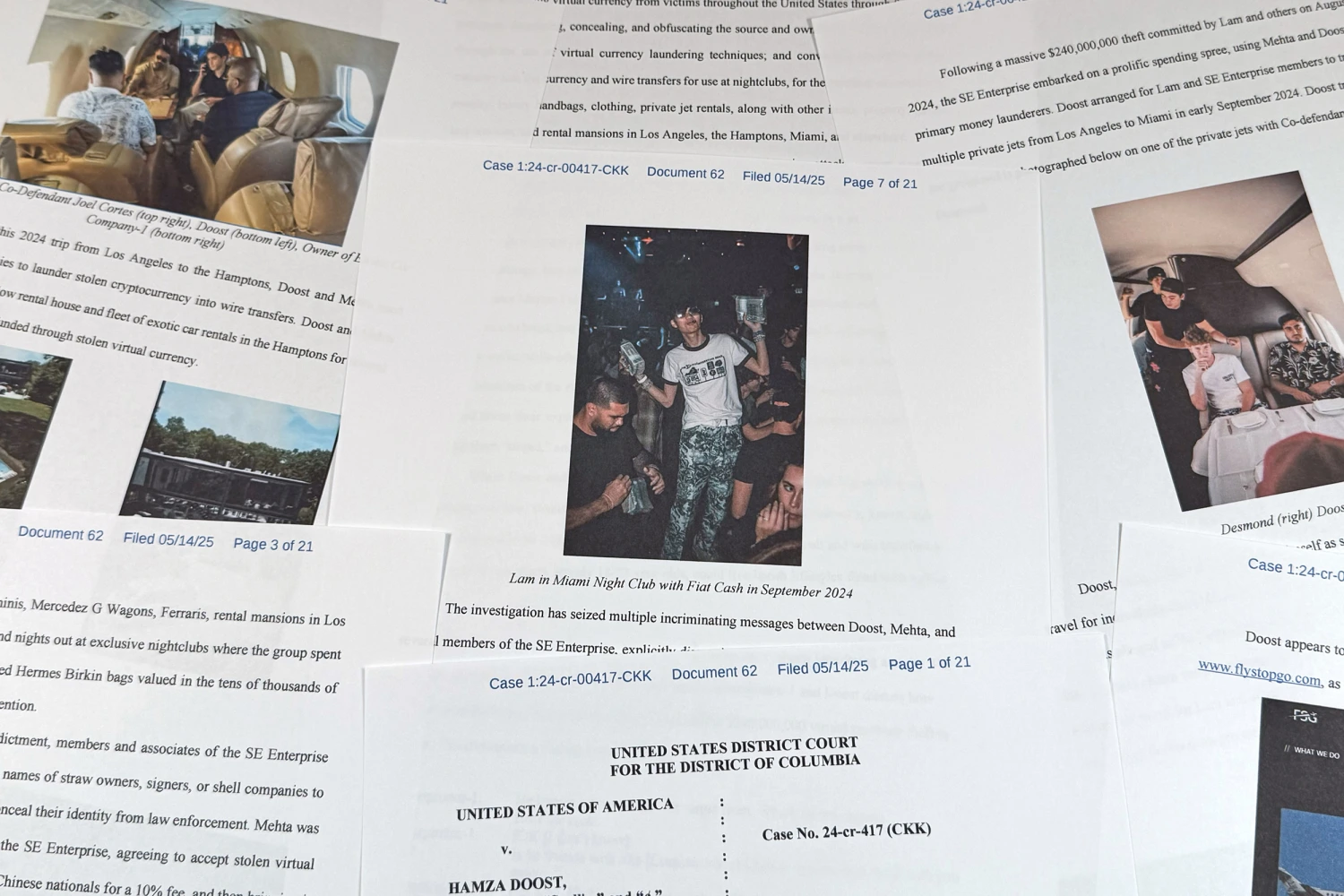 This Justice Department court filing in the case against Hamza Doost and Kunal Mehta, that includes a photo of Malone Lam, is photographed Friday, Sept. 4, 2026.