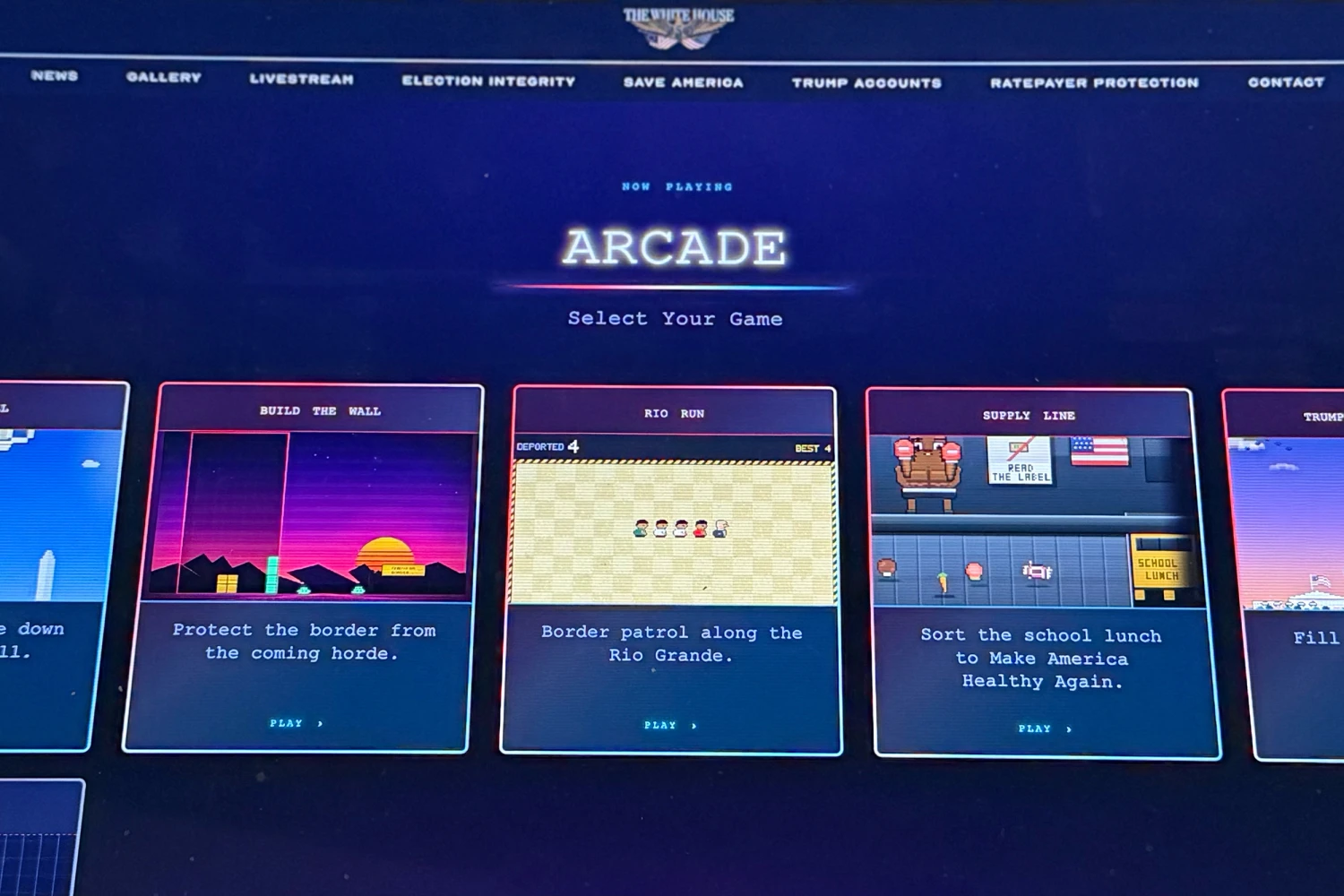 A White House website featuring arcade games is photographed on a computer screen Thursday, Sept. 3, 2026.