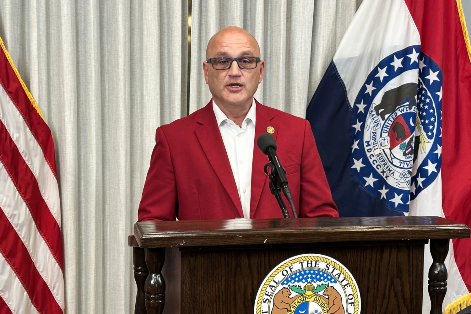 Missouri Secretary of State Denny Hoskins during a press conference on Aug. 4, 2026, at his office in the state Capitol in Jefferson City, Mo.