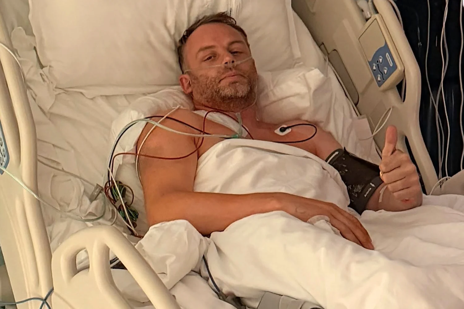 Ollie Millroy in an intensive care unit in Shanghai following the crash.