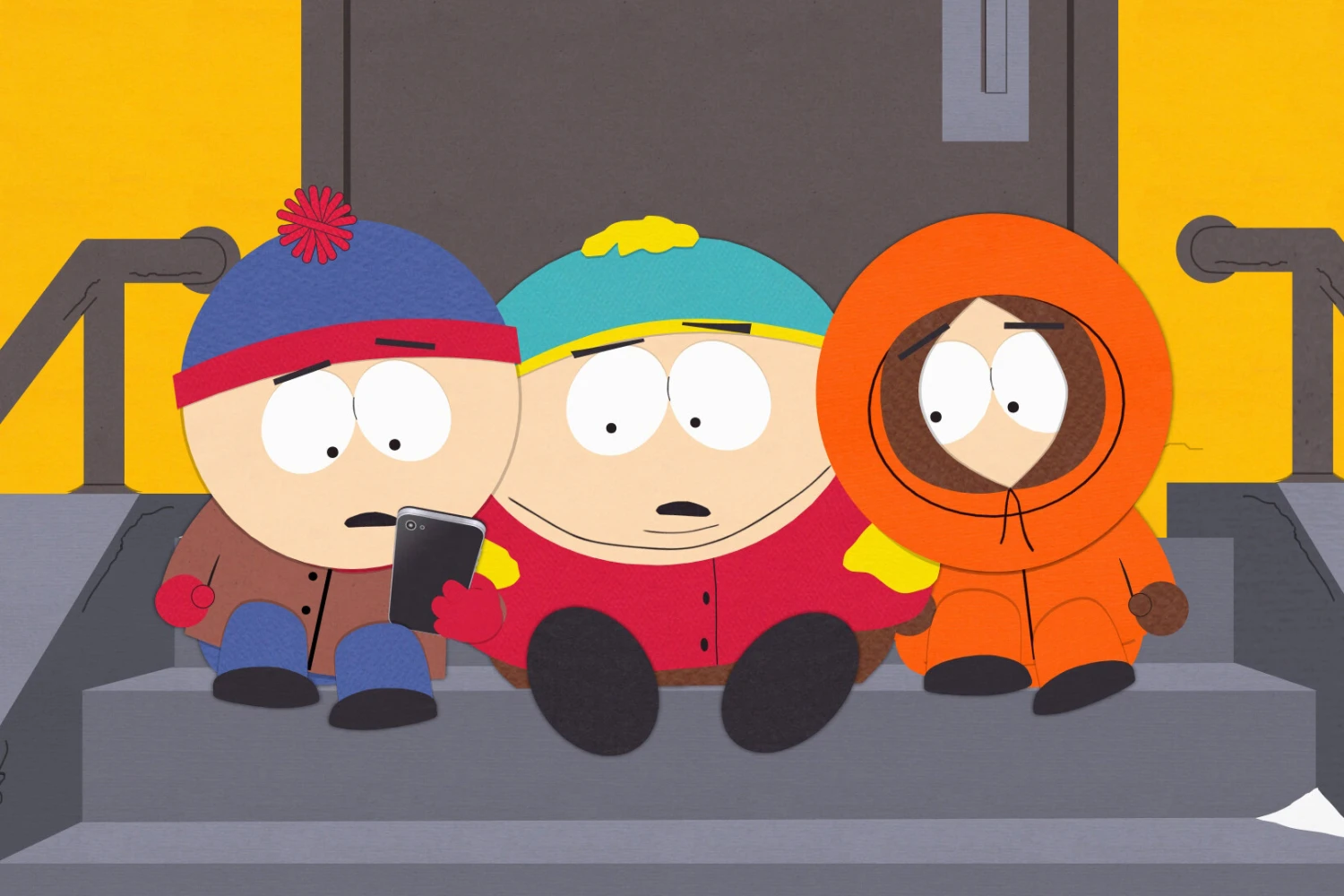 South Park characters Stan Marsh, Eric Cartman, Kenny McCormick.