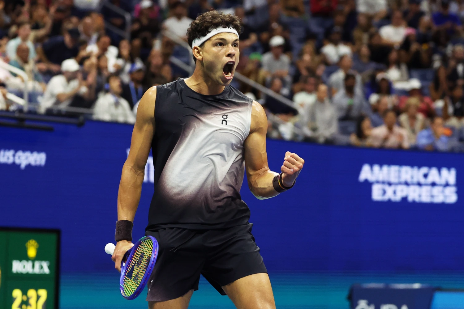 Ben Shelton, of the United States, celebrates after a point Carlos Alcaraz, of Spain, during the quarterfinal round of the U.S. Open tennis championships, Wednesday, Sept. 9, 2026, in New York.
