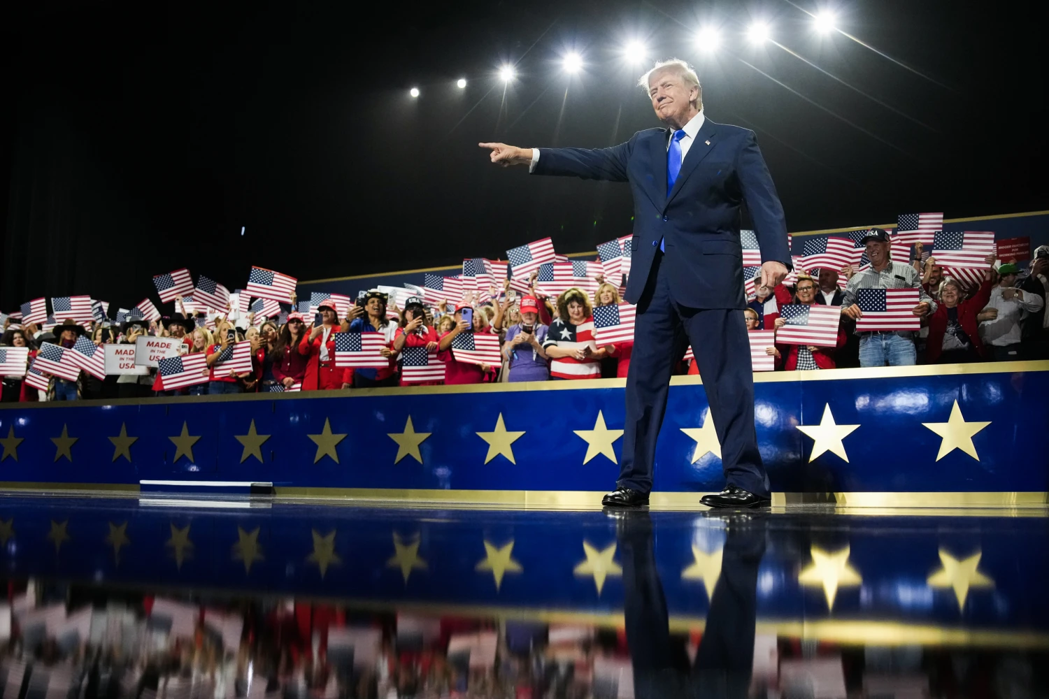 U.S. President Donald Trump walks on stage to speak on the first day of the 2026 Republican National Convention at the American Airlines Center on September 09, 2026 in Dallas, Texas.