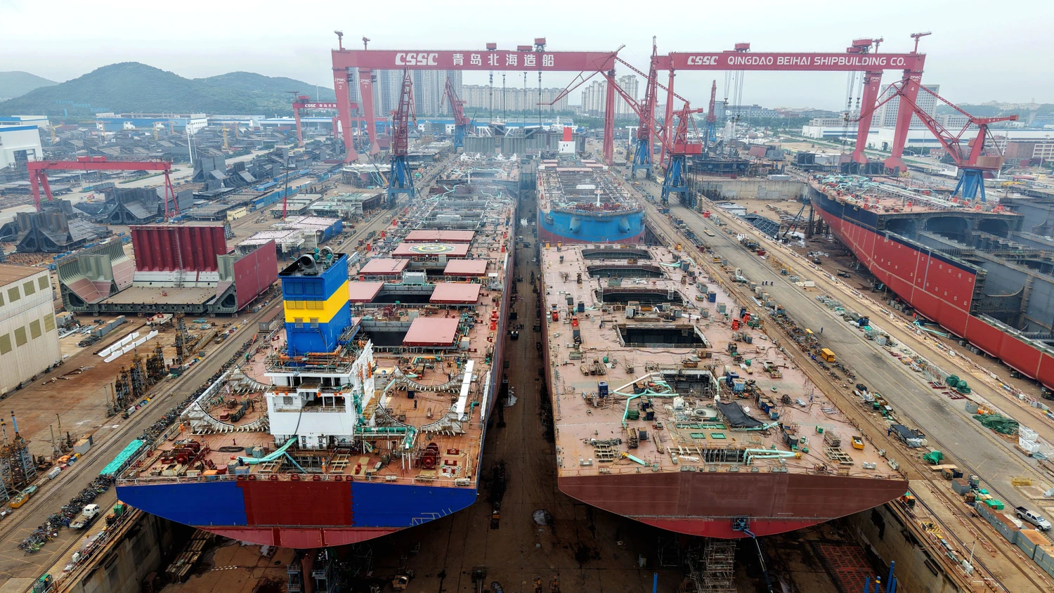 Workers are seen at the shipbuilding and repair site of China State Shipbuilding Corporation (CSSC) Qingdao Beihai Shipbuilding Co., Ltd., in Qingdao, Shandong Province, China, on July 27, 2026.