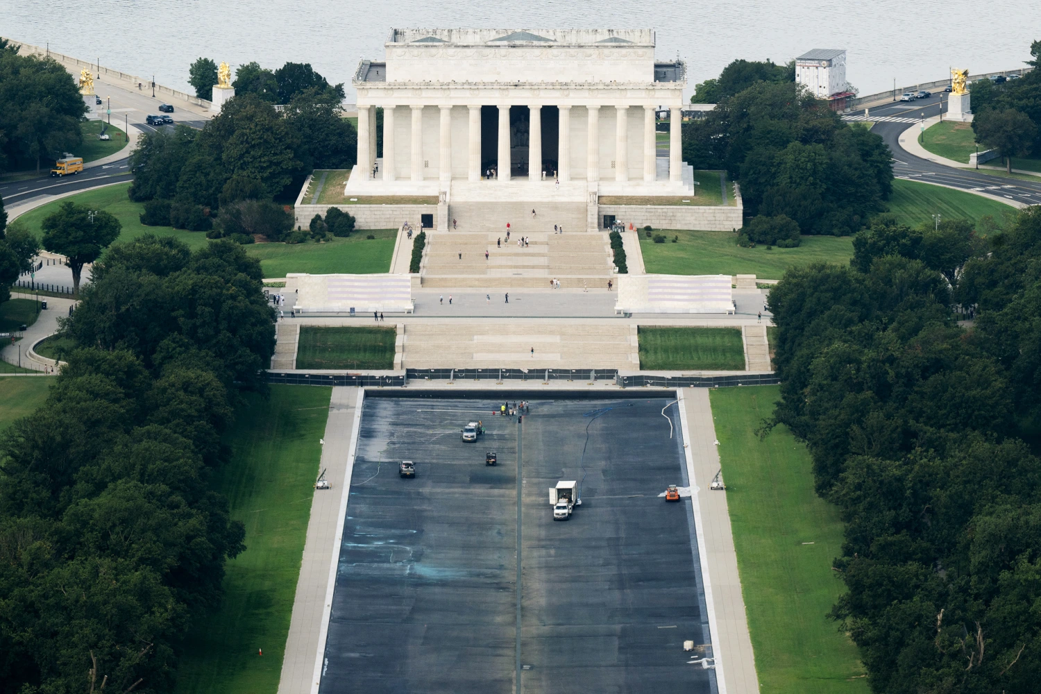 Work continues at the Lincoln Memorial Reflecting Pool on the National Mall on Sept. 1, 2026.