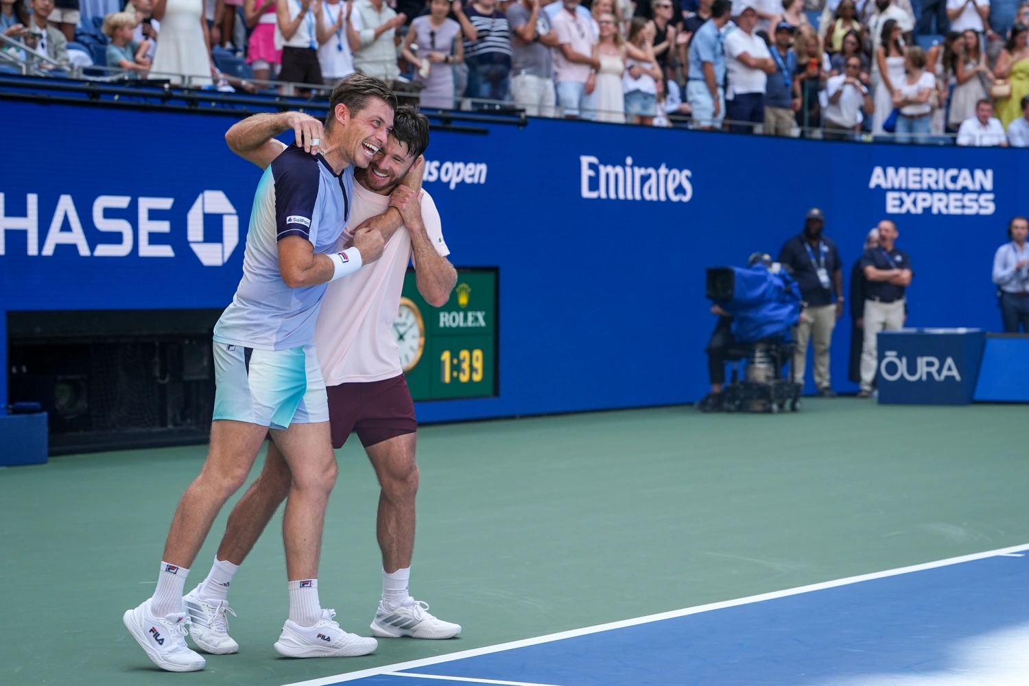 Neal Skupski and Christian Harrison celebrate after winning the Men's Doubles championship match on Sept. 12, 2026, in Flushing, N.Y.