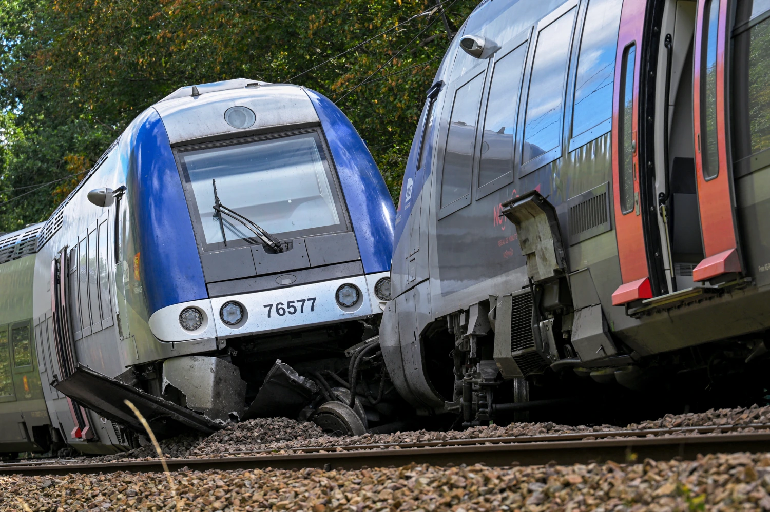 A derailed train carriage in Cleon, France, on Sept. 12, 2026.