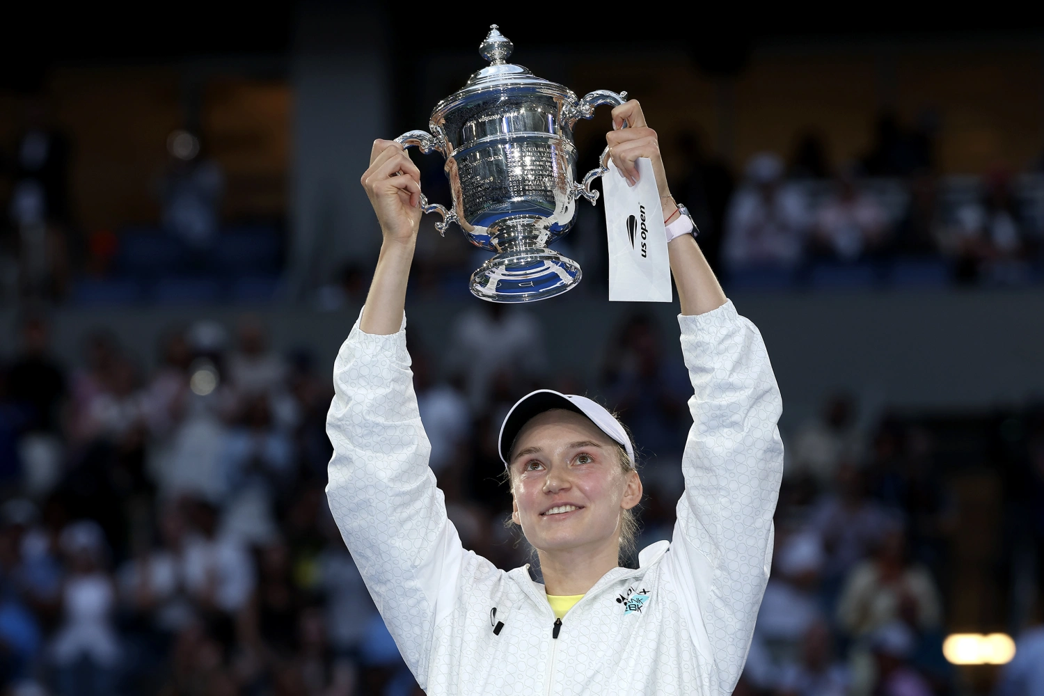 Elena Rybakina of Kazakhstan celebrates with the trophy after defeating Aryna Sabalenka in their Women's Singles Final match on Day Fourteen of the 2026 US Open at USTA Billie Jean King National Tennis Center on September 12, 2026 in the Flushing neighborhood of the Queens borough of New York City.  (Photo by Sarah Stier/Getty Images)