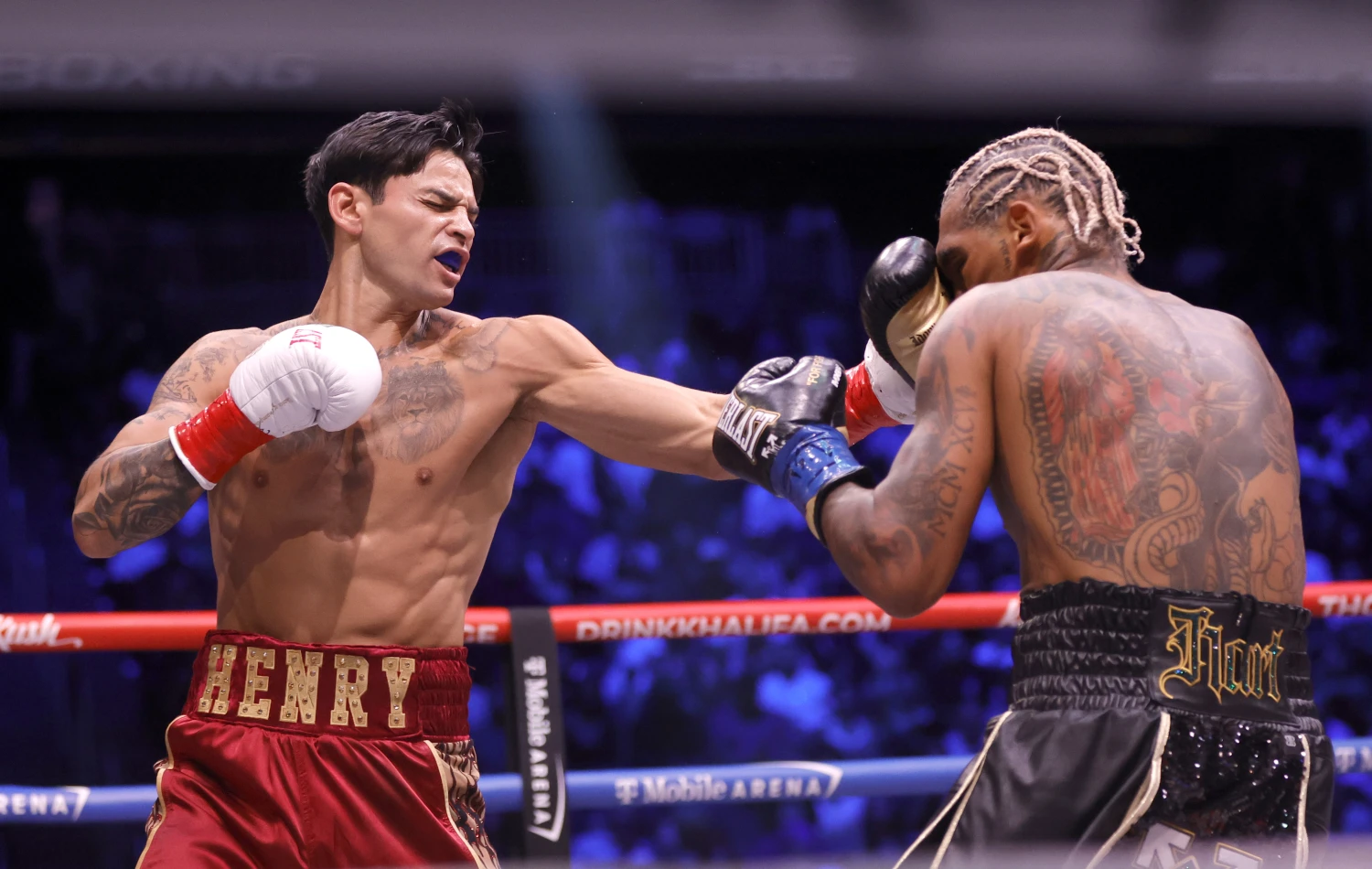 WBC welterweight champion Ryan Garcia punches Conor Benn in the first round of a title fight at T-Mobile Arena on September 12 in Las Vegas.