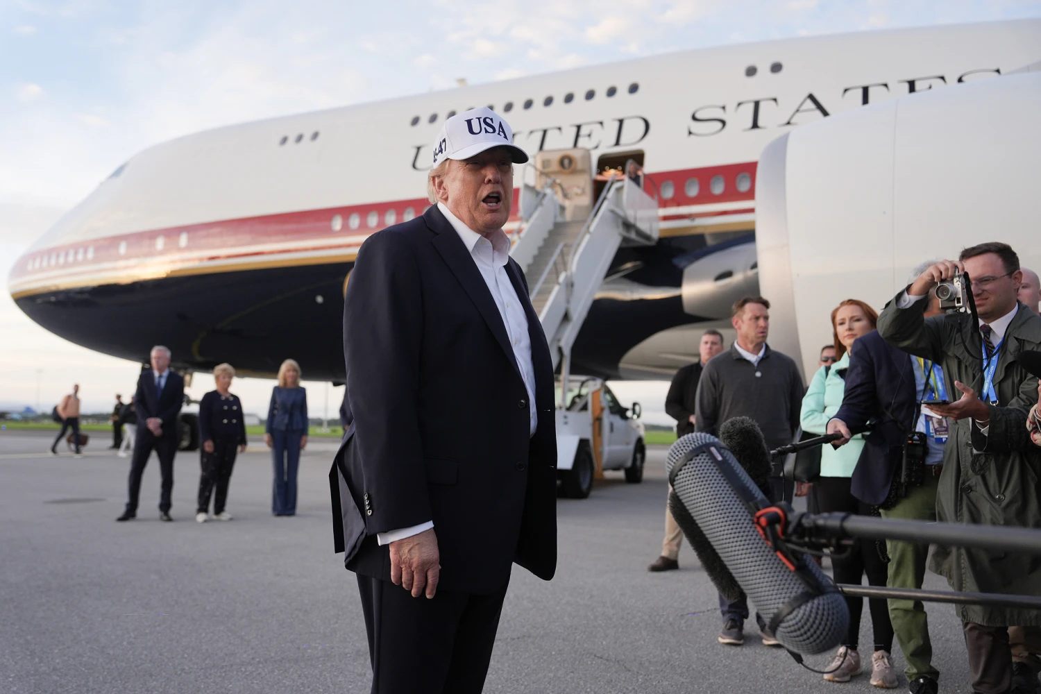 U.S. President Donald Trump speaks with journalists prior to boarding Air Force One at Shannon Airport in Shannon, Ireland, Sept. 13, 2026.