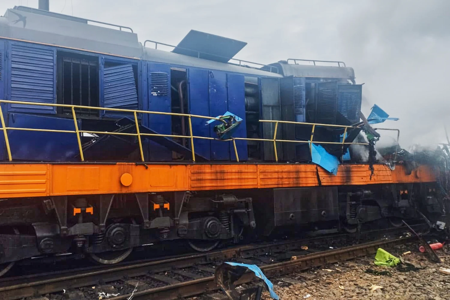 A locomotive damaged in a Russian drone attack is seen at Yahodyn railway station near Ukraine's border with Poland on Sept. 13, 2026.