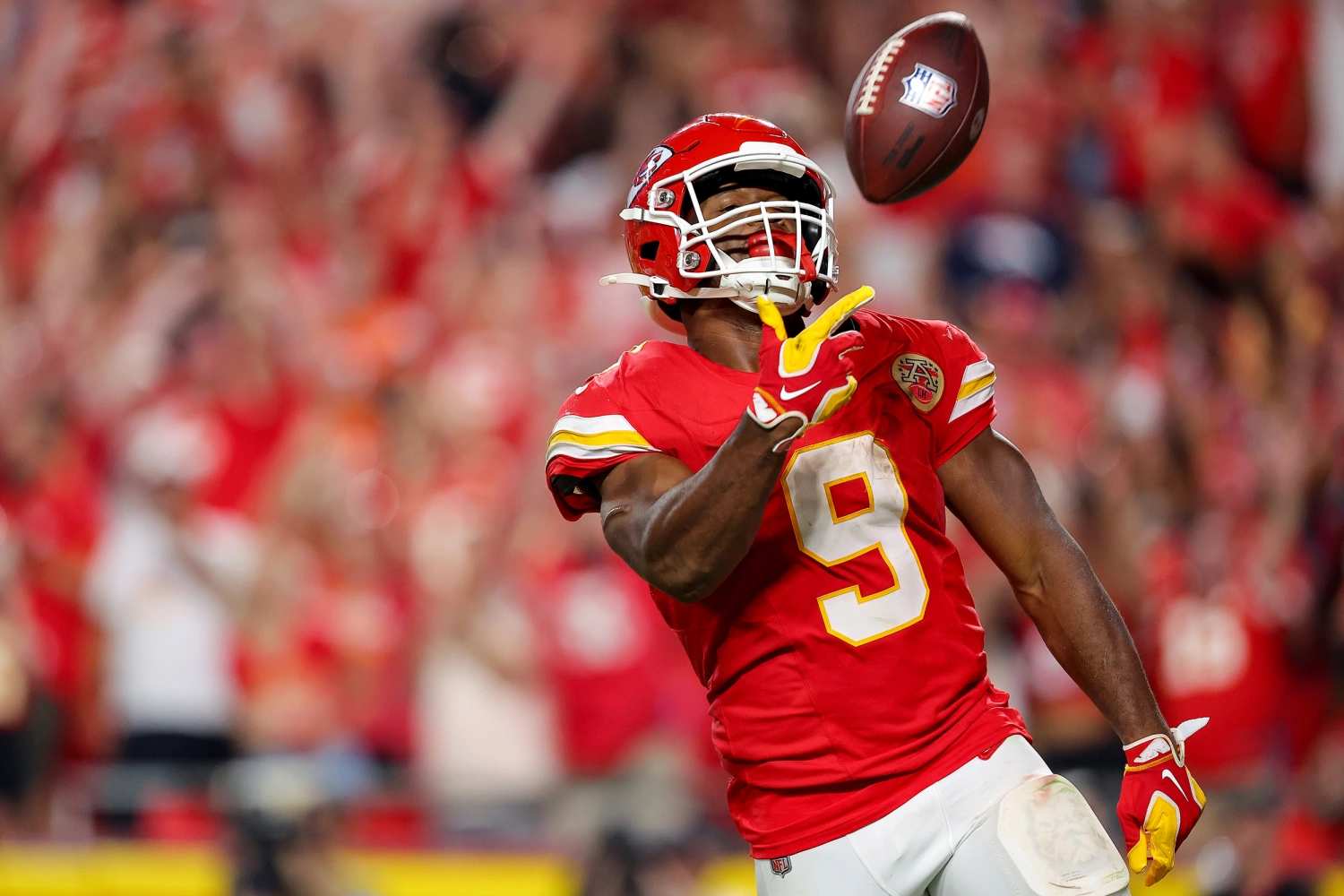 Kenneth Walker III #9 of the Kansas City Chiefs celebrates after scoring a two yard touchdown against the Denver Broncos during the fourth quarter in the game at Arrowhead Stadium on September 14, 2026 in Kansas City, Missouri.