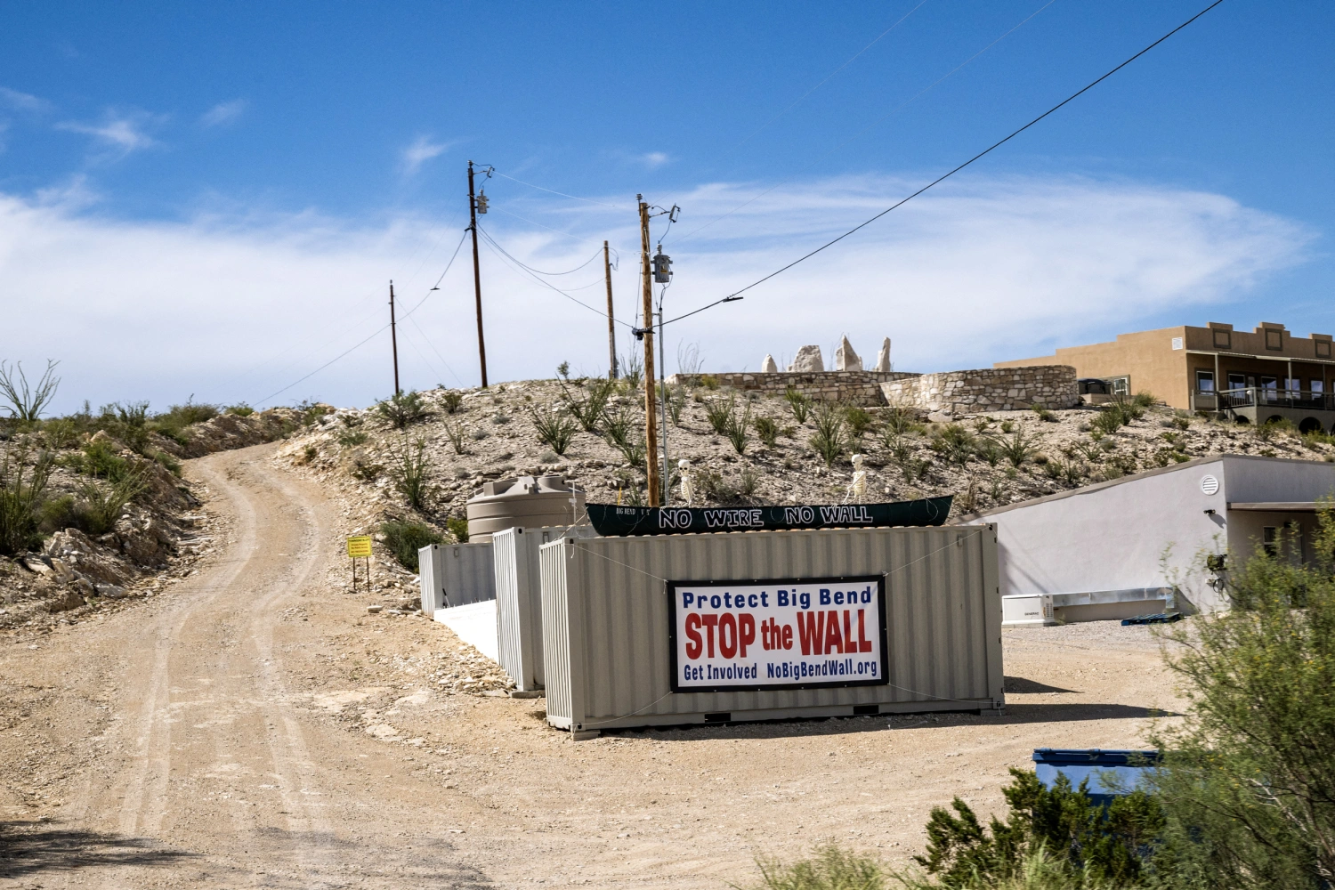 A border wall protest sign on a state road that leads into Big Bend National Park in southern Texas, on Aug. 15, 2026.