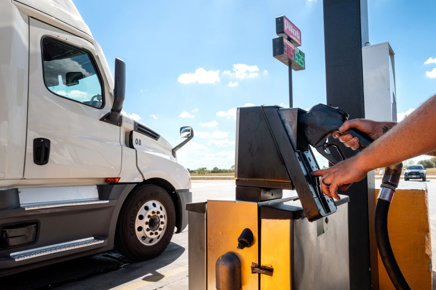 A person pumps diesel at a Pilot gas station on Sept. 14, 2026 in Buda, Texas.