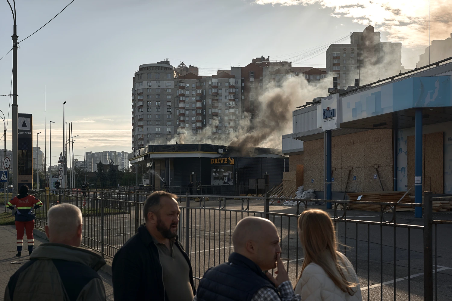 The aftermath of a Russian Geran-5-type jet-powered drone strike on an UKRNAFTA petrol station is seen in the Holosiivskyi district of Kyiv, as Russia has started targeting petrol stations in the Ukrainian capital over the past week, on September 15, 2026 in Kyiv, Ukraine.