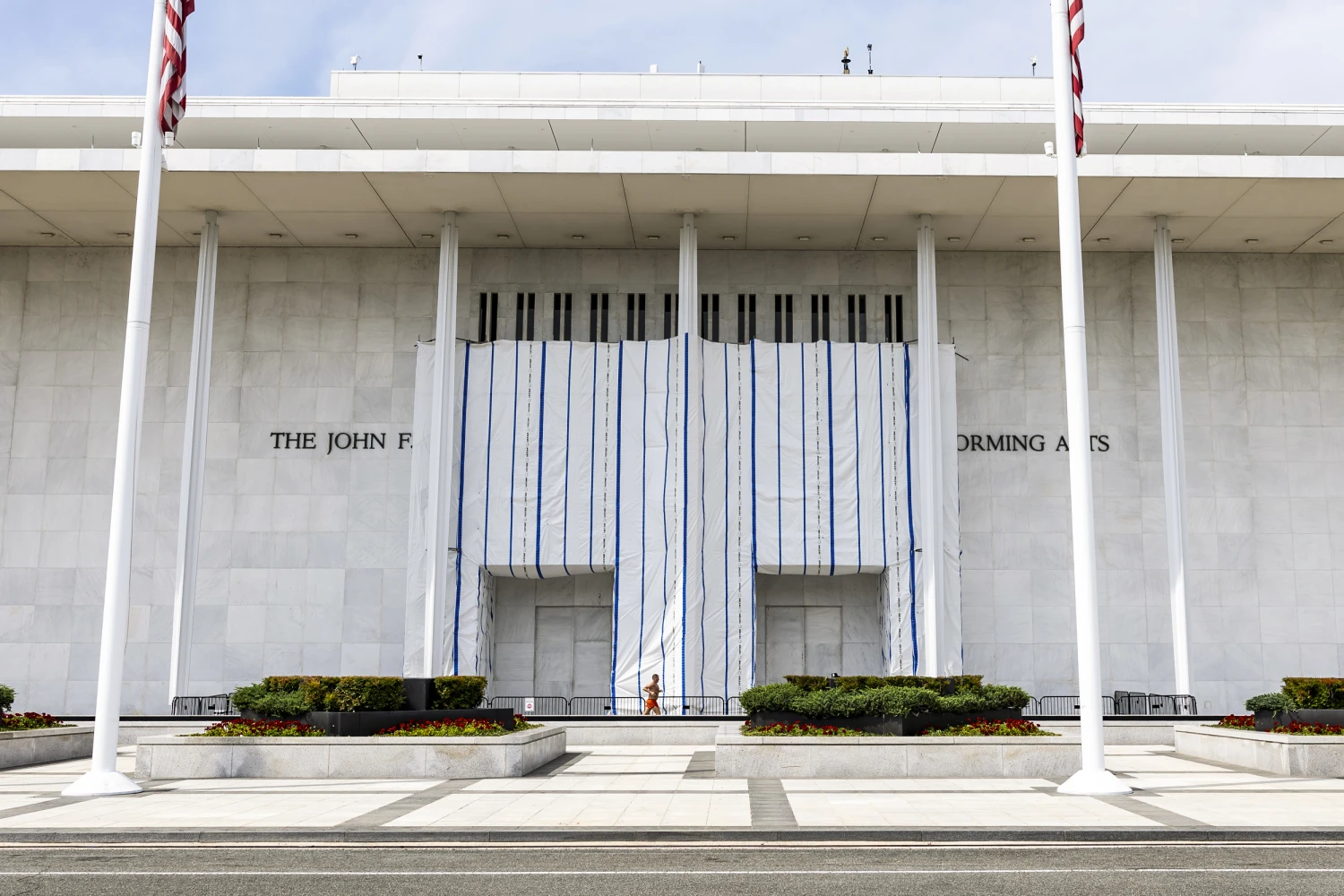 A tarp remained on the facade of the Kennedy Center on Sept. 2.