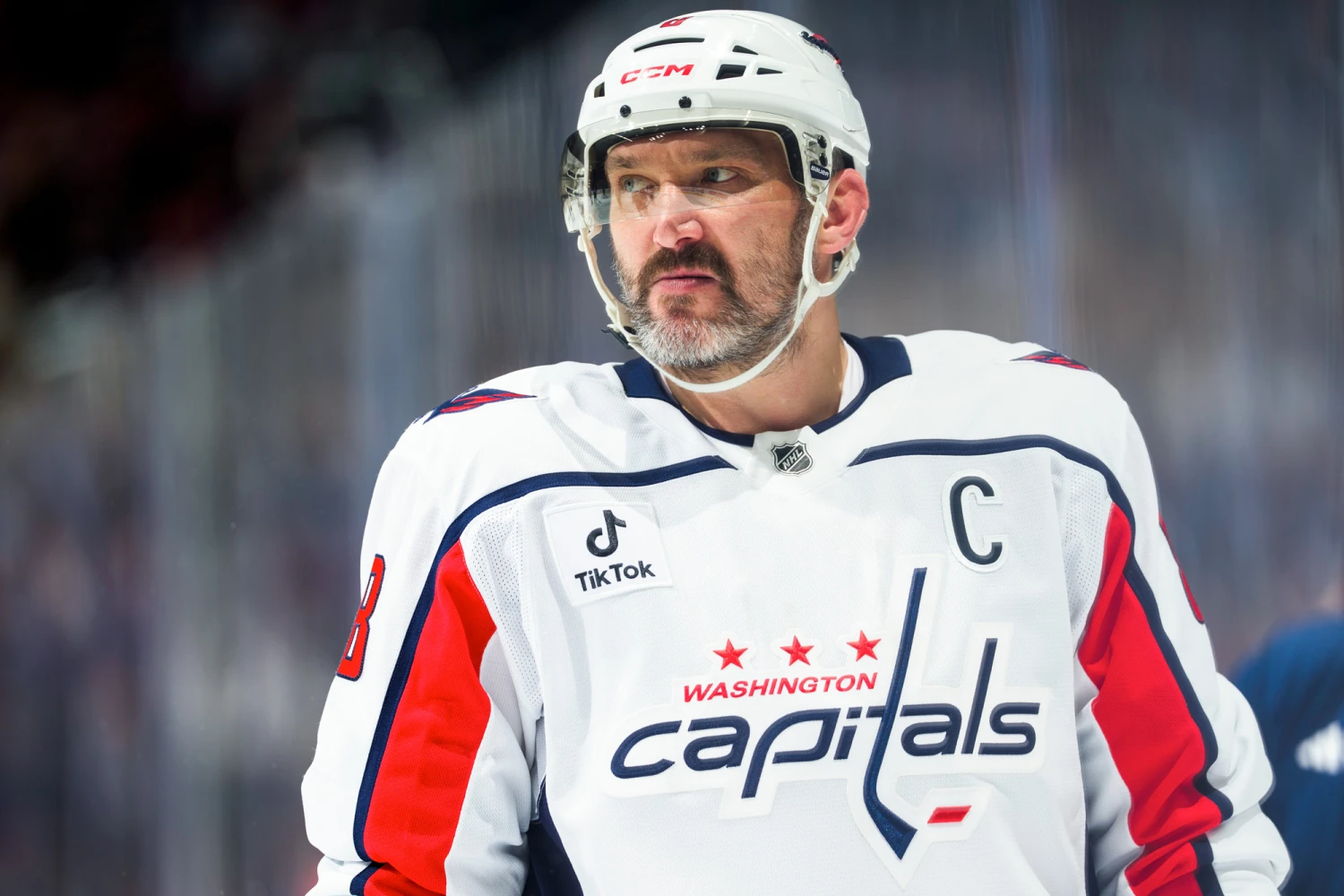 Alexander Ovechkin of the Washington Capitals looks during a game against the Toronto Maple Leafs on April 8, 2026 in Toronto, Ontario, Canada.