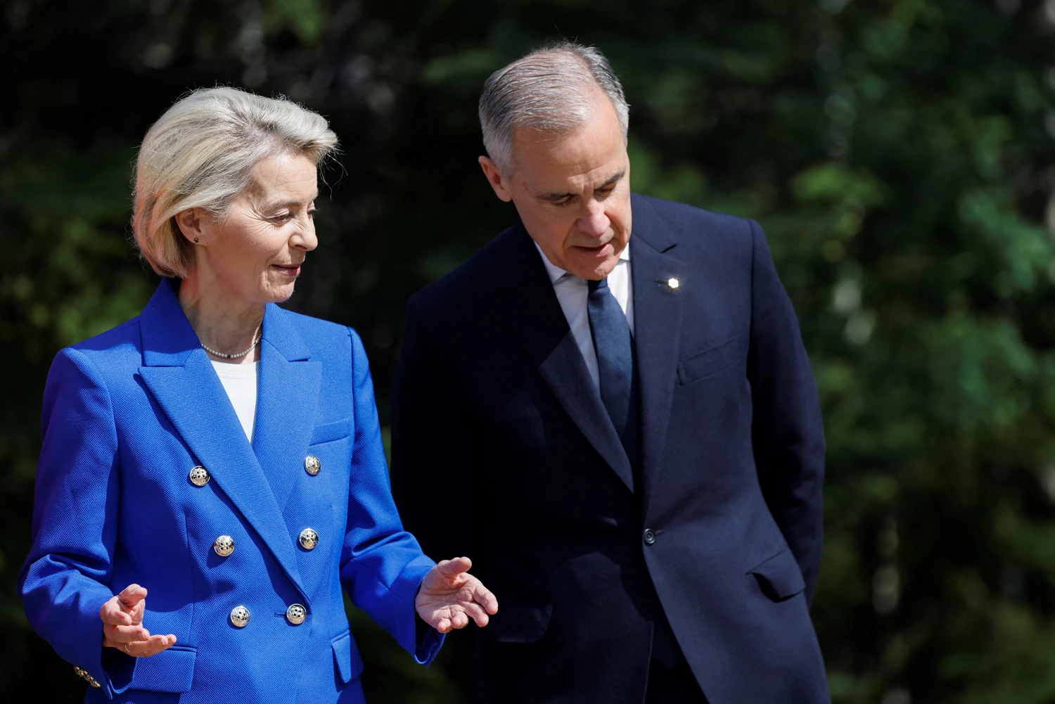 European Commission President Ursula Von der Leyen speaks with Canadian Prime Minister Mark Carney during the Group of Seven (G7) Summit at the Pomeroy Kananaskis Mountain Lodge in Kananaskis, Alberta, Canada on June 16, 2025.