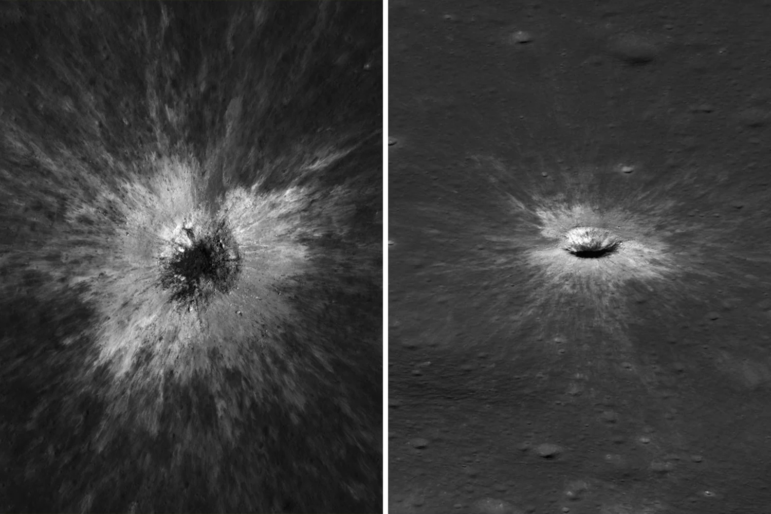 The McGetchin crater on Dec. 5, 2025, left, and March 3, 2026, taken by by NASA’s Lunar Reconnaissance Orbiter (LRO) Narrow-Angle Camera (NAC).