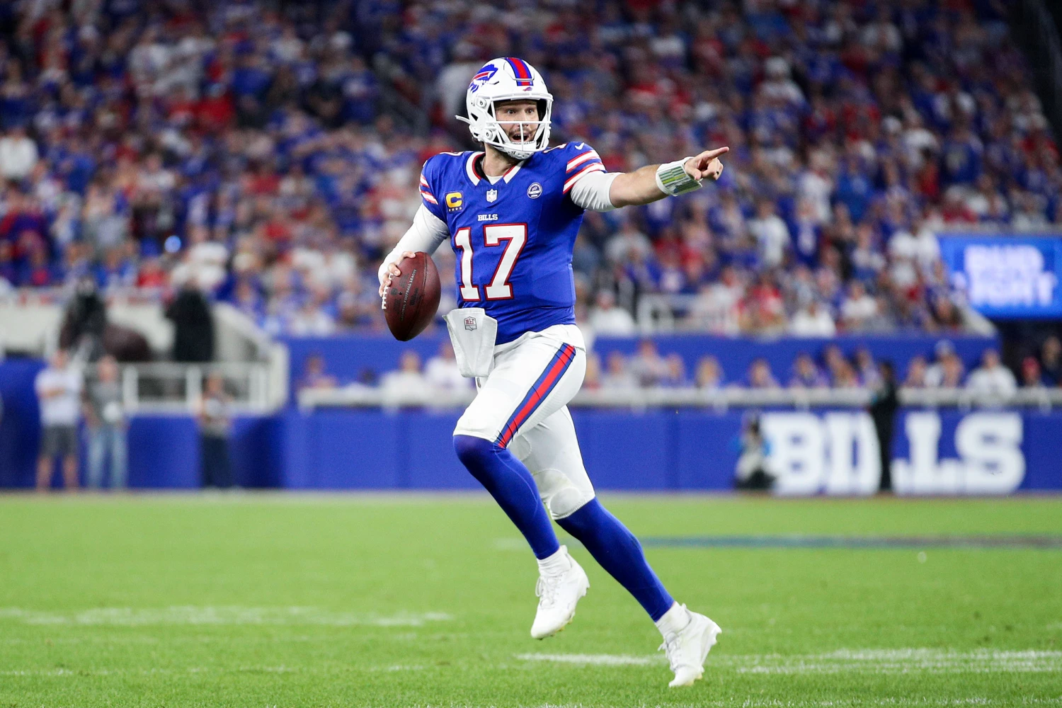 Josh Allen #17 of the Buffalo Bills scrambles against the Detroit Lions during the second quarter of the game at Highmark Stadium on September 17, 2026 in Orchard Park, New York.