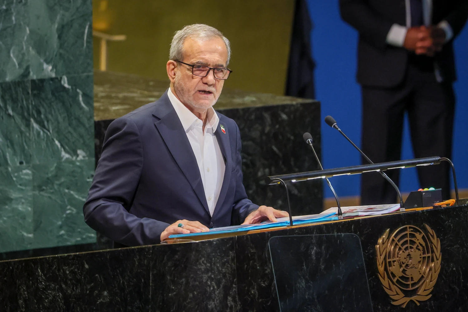 President of Iran Masoud Pezeshkian speaks during the United Nations General Assembly (UNGA) at the United Nations headquarters on Sept. 24, 2025, in New York City.